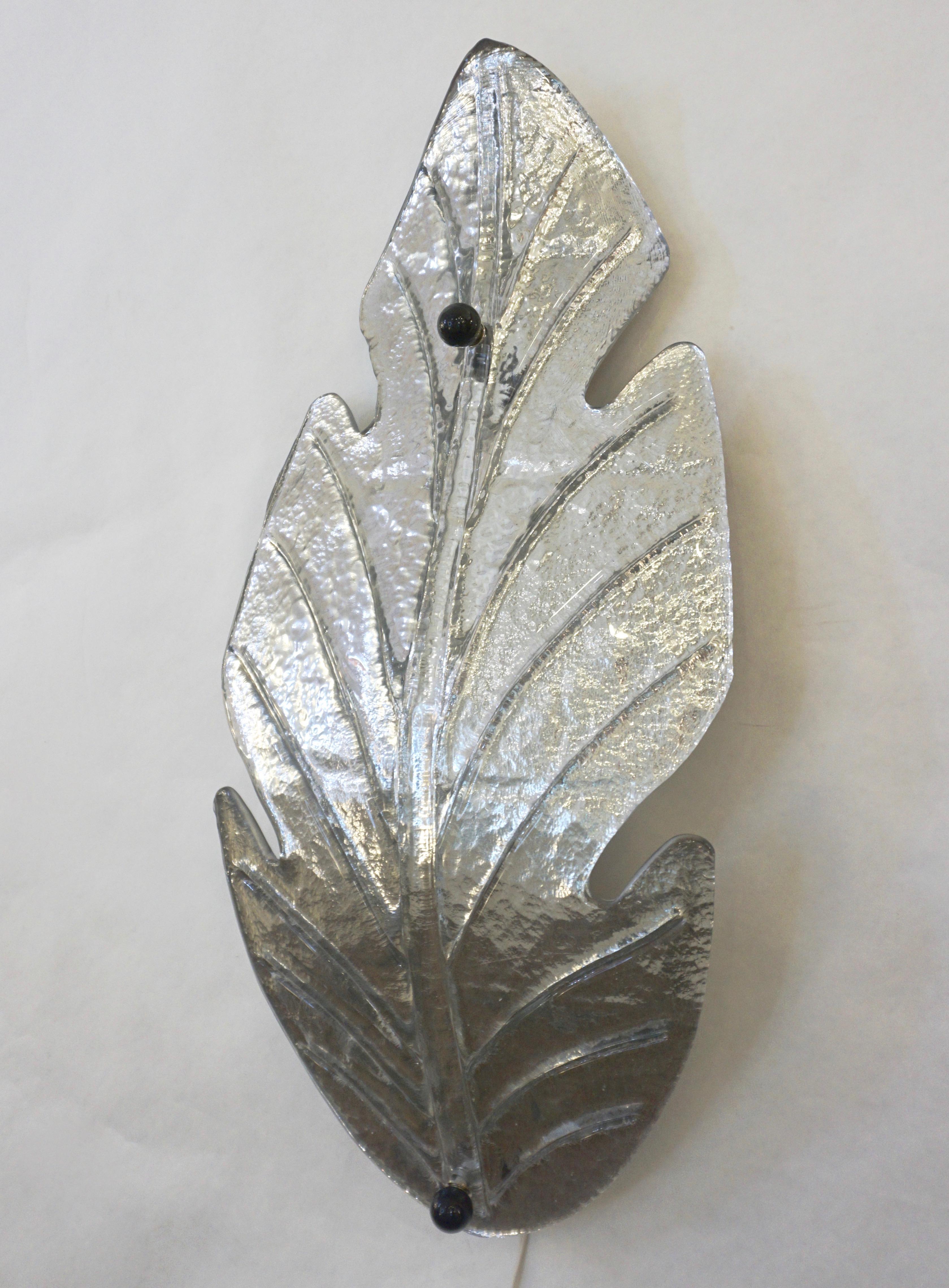 1980 Italian Vintage Nickel Pair of Tall Silver Color Murano Glass Leaf Sconces For Sale 9