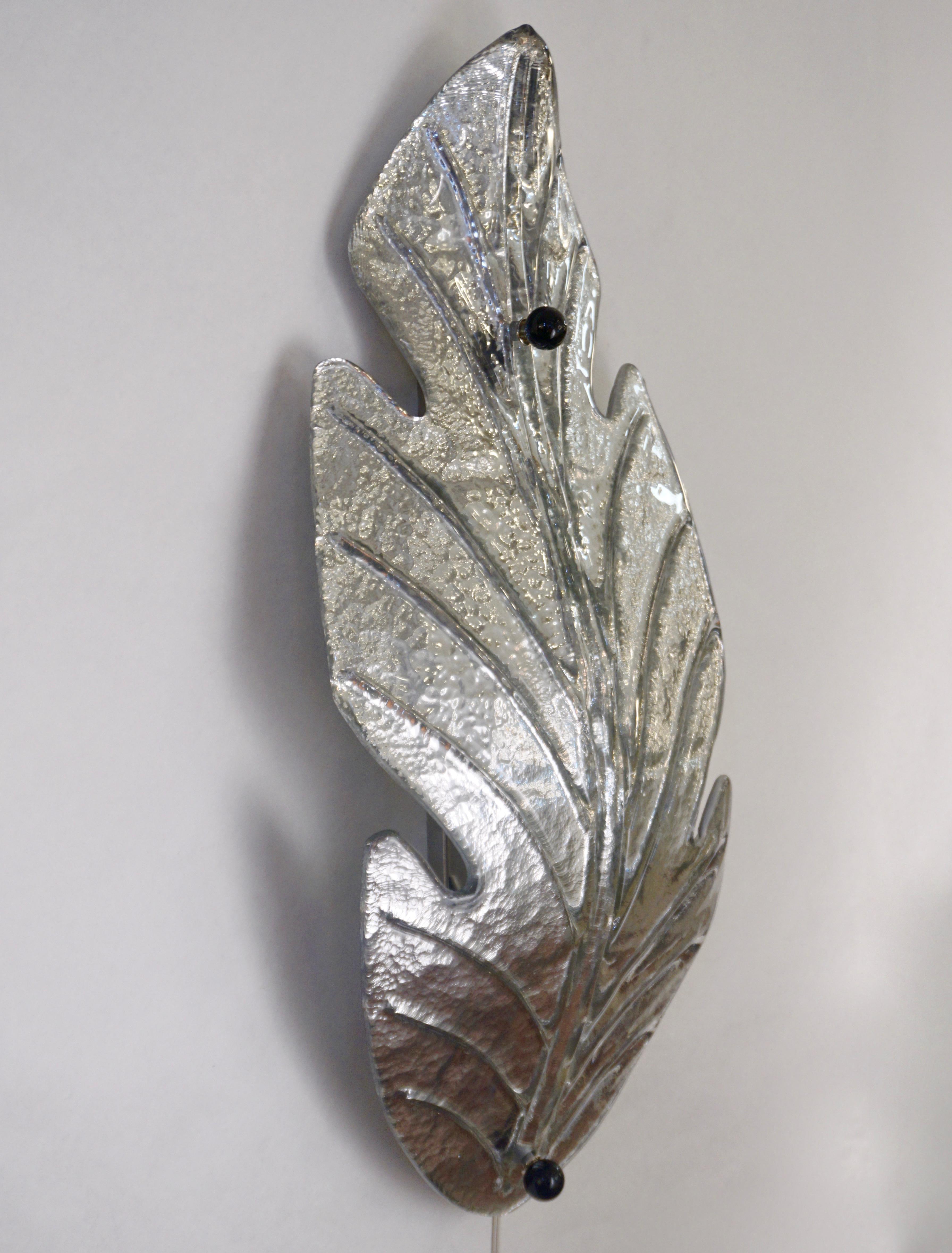 1980 Italian Vintage Nickel Pair of Tall Silver Color Murano Glass Leaf Sconces For Sale 11