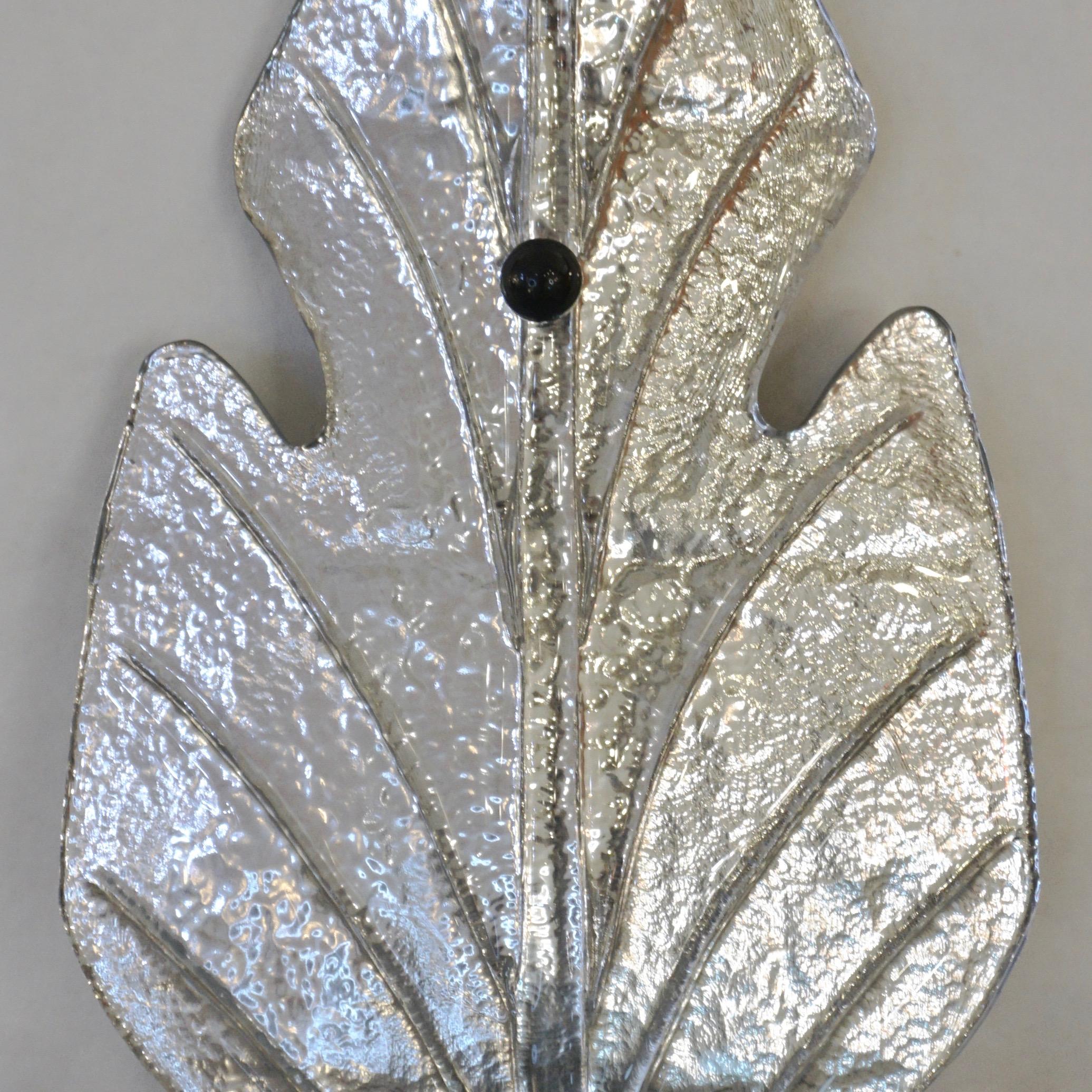 Art Glass 1980 Italian Vintage Nickel Pair of Tall Silver Color Murano Glass Leaf Sconces For Sale