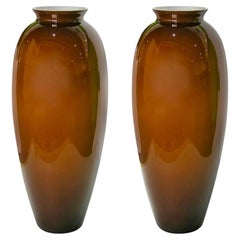 1980 Italian Vintage Pair of Golden Polished Brown Murano Glass Tall Vases