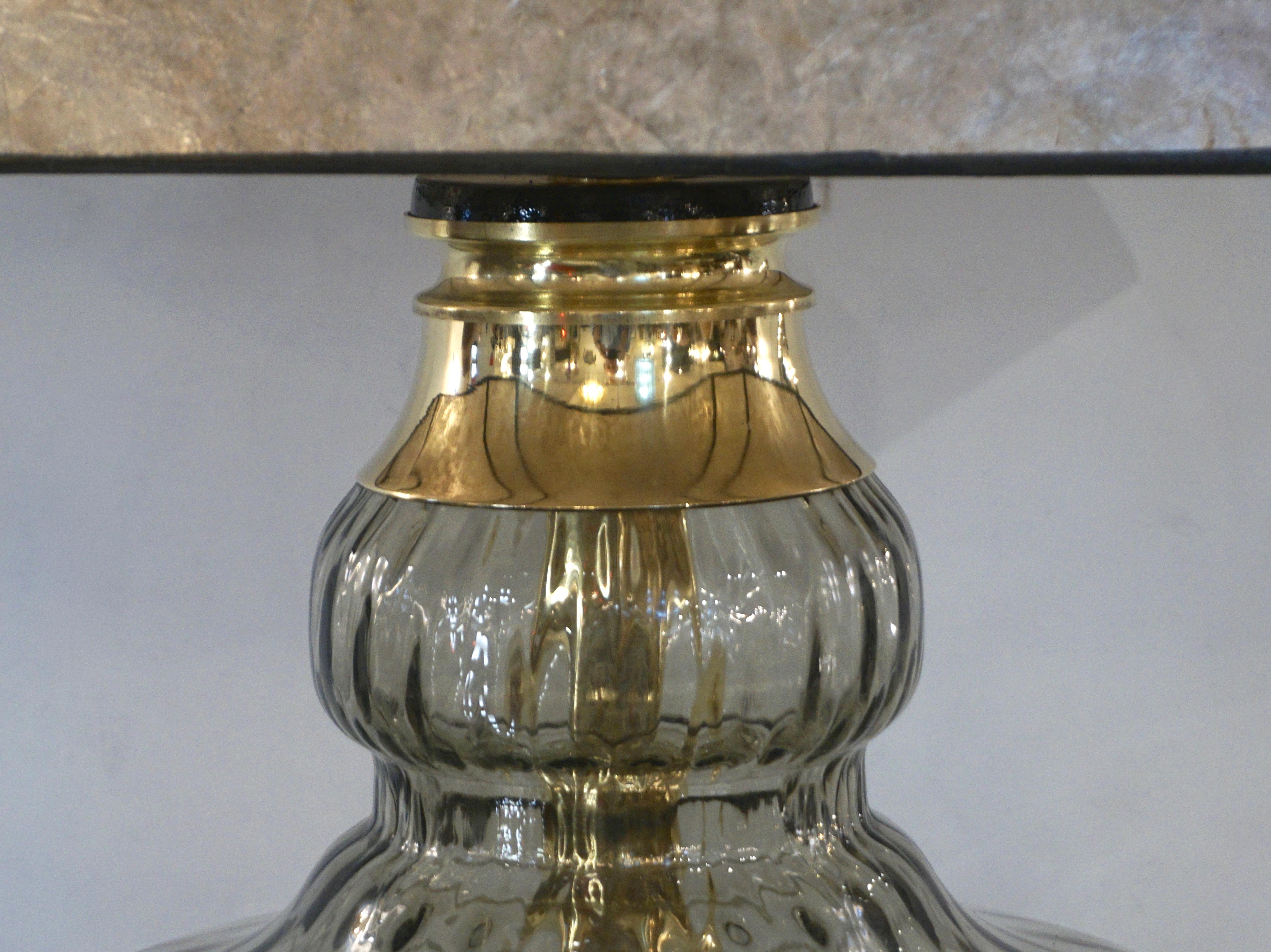 Hand-Crafted 1980 Italian Vintage Pair of Smoked Murano Glass Lamps with Black & Brass Accent