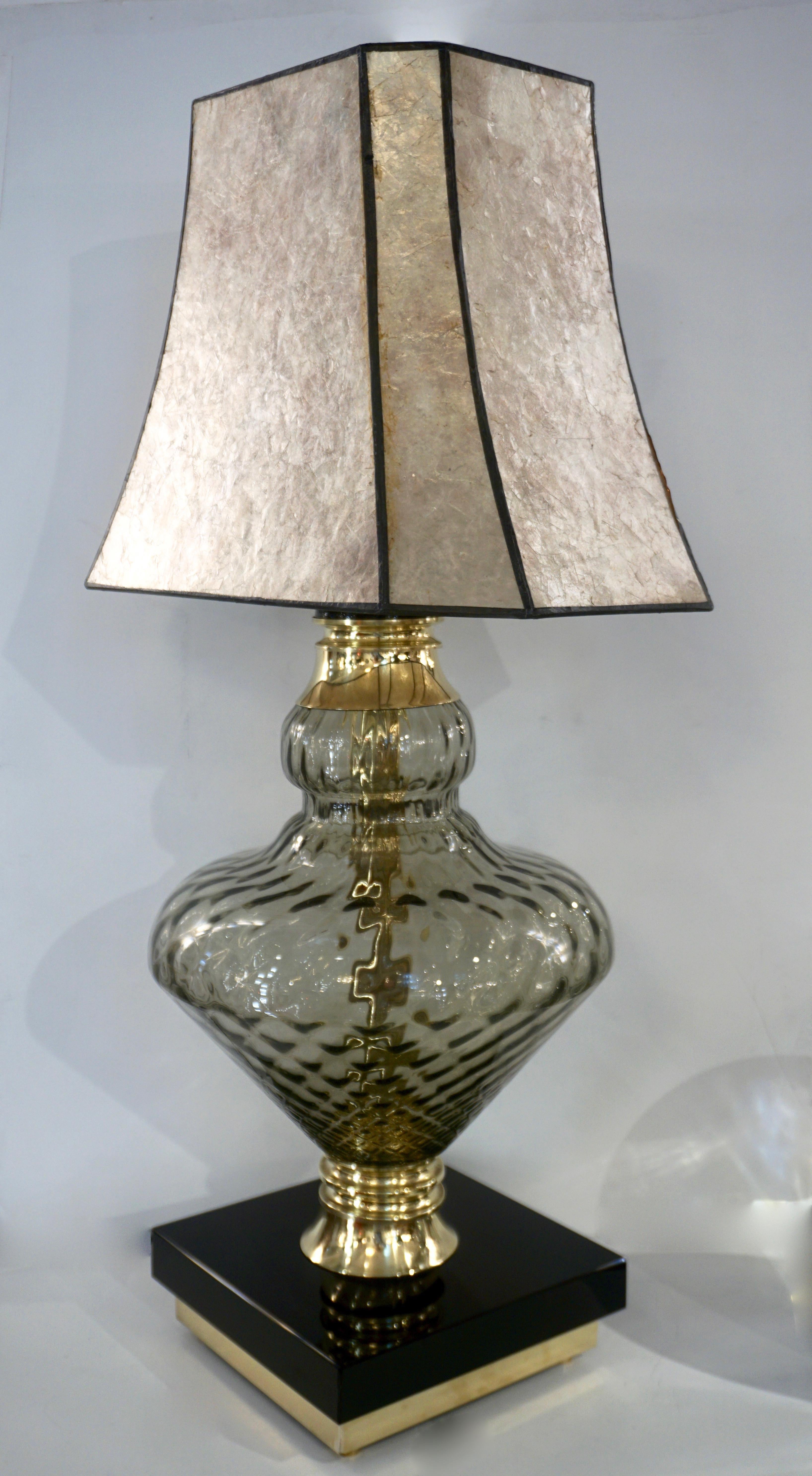 1980 Italian Vintage Pair of Smoked Murano Glass Lamps with Black & Brass Accent In Excellent Condition In New York, NY