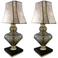 1980 Italian Vintage Pair of Smoked Murano Glass Lamps with Black & Brass Accent