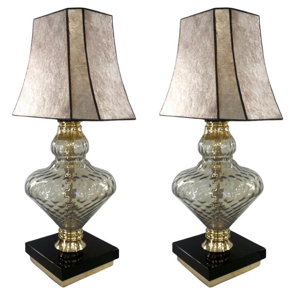 1980 Italian Vintage Lamps of Smoked Murano Glass Lamps with Black & Brass Accent