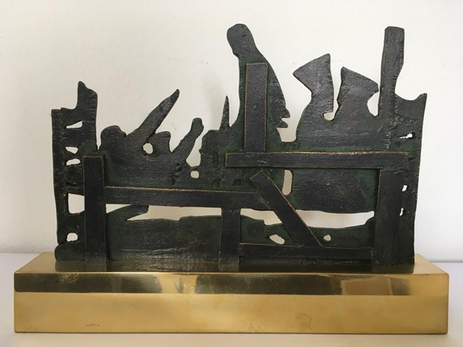 Post-Modern 1980 Italy Bronze and Brass Abstract Sculpture by Nevio De Luca For Sale