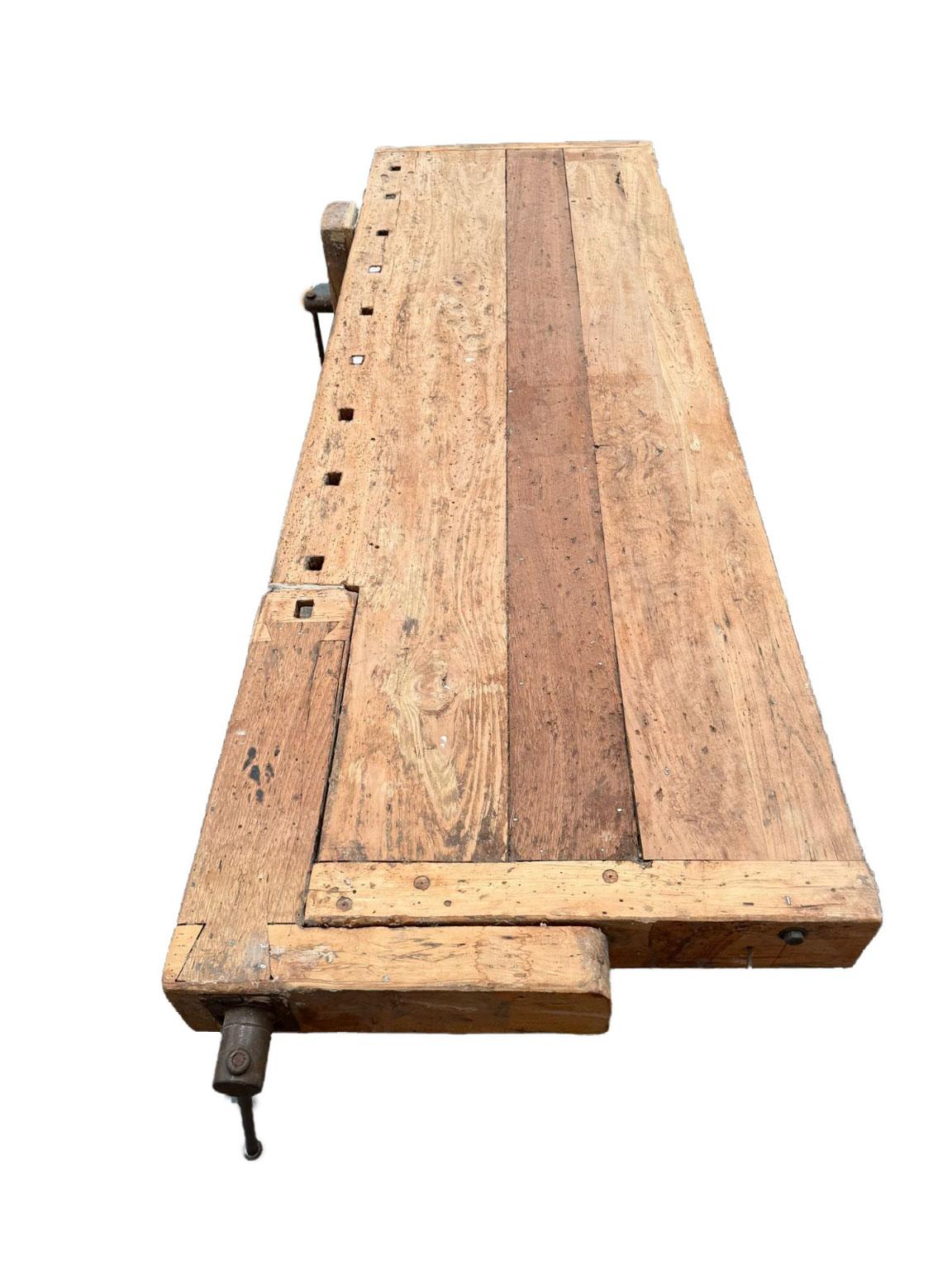 1980 Italy Solid Oak Carpenter Workbench in Rustic Style For Sale 6