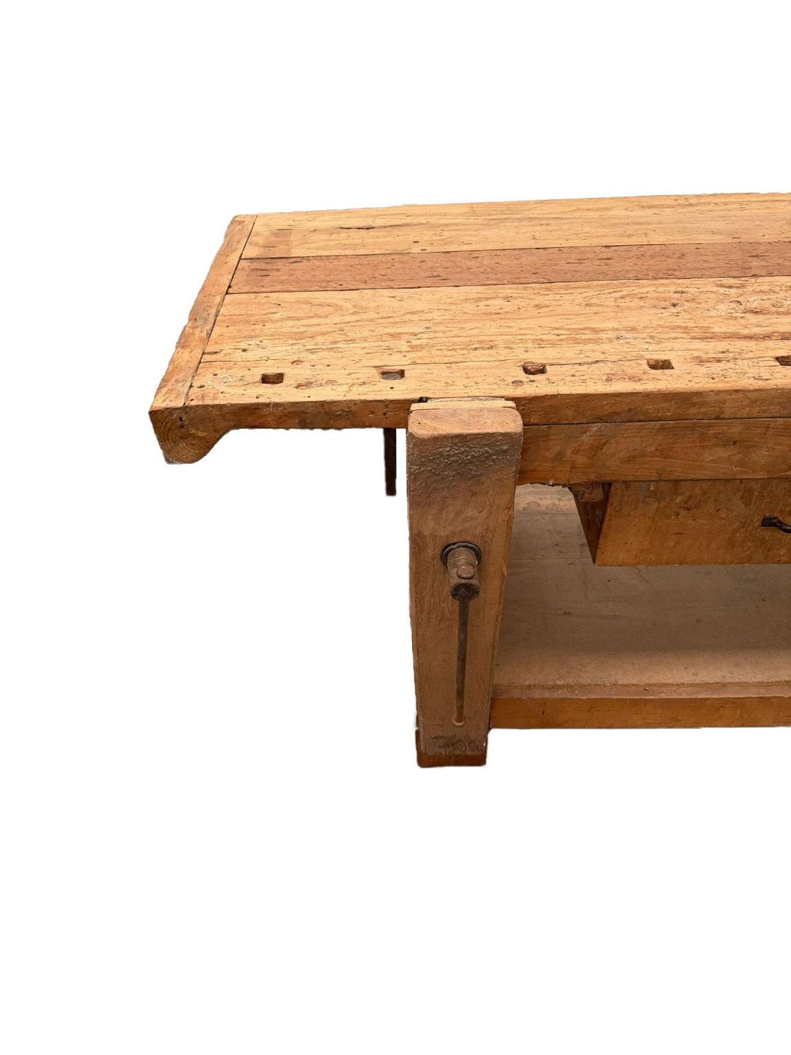 Italian 1980 Italy Solid Oak Carpenter Workbench in Rustic Style For Sale