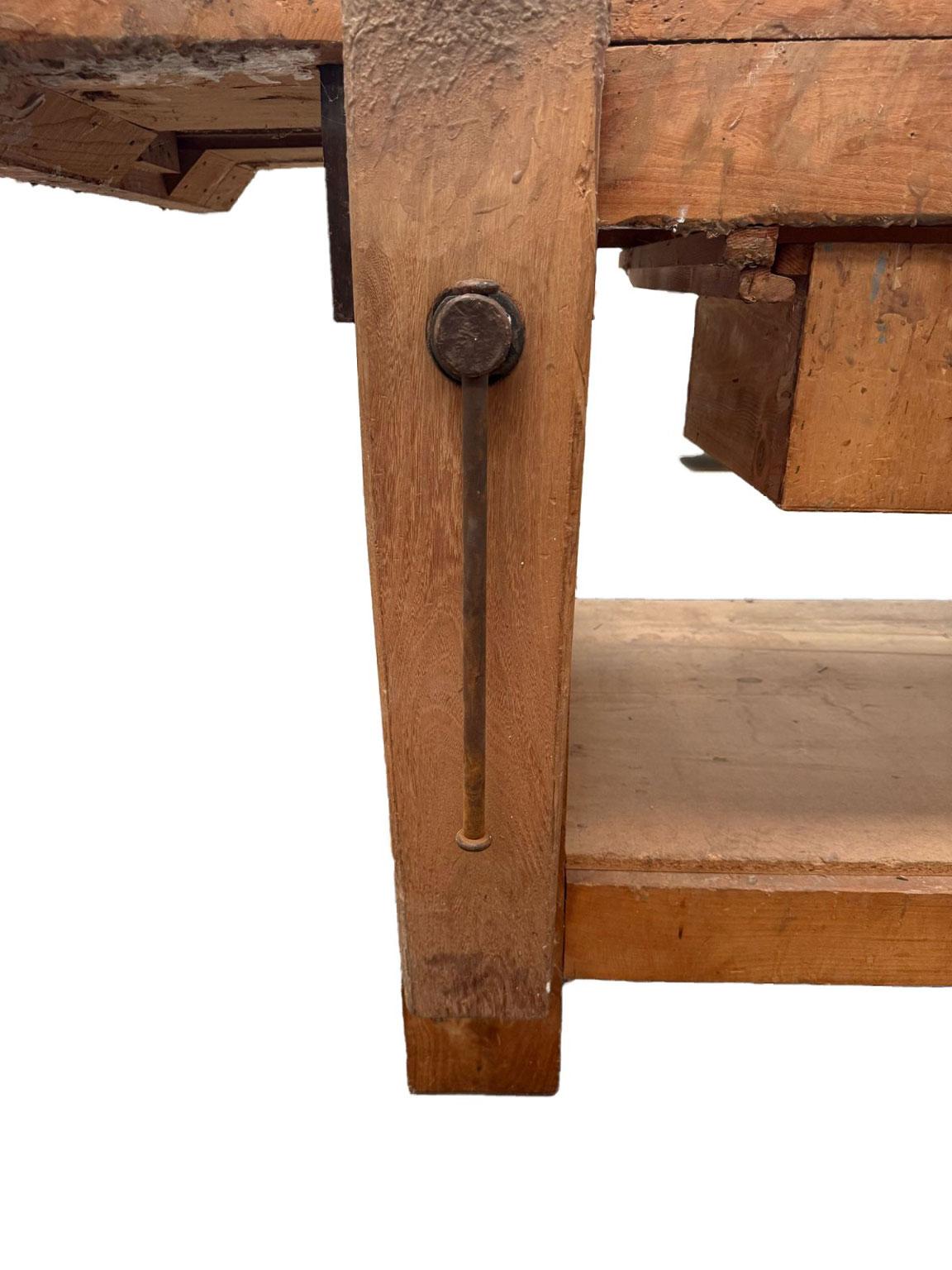 Hand-Crafted 1980 Italy Solid Oak Carpenter Workbench in Rustic Style For Sale
