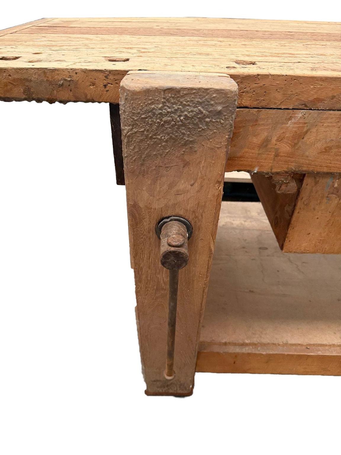 20th Century 1980 Italy Solid Oak Carpenter Workbench in Rustic Style For Sale