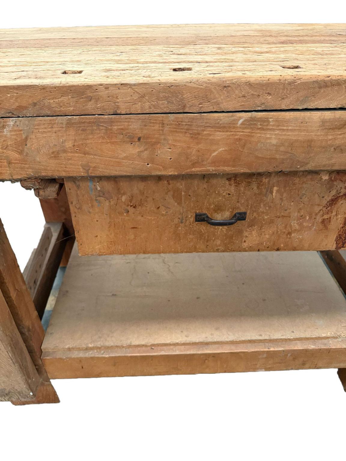 1980 Italy Solid Oak Carpenter Workbench in Rustic Style For Sale 2