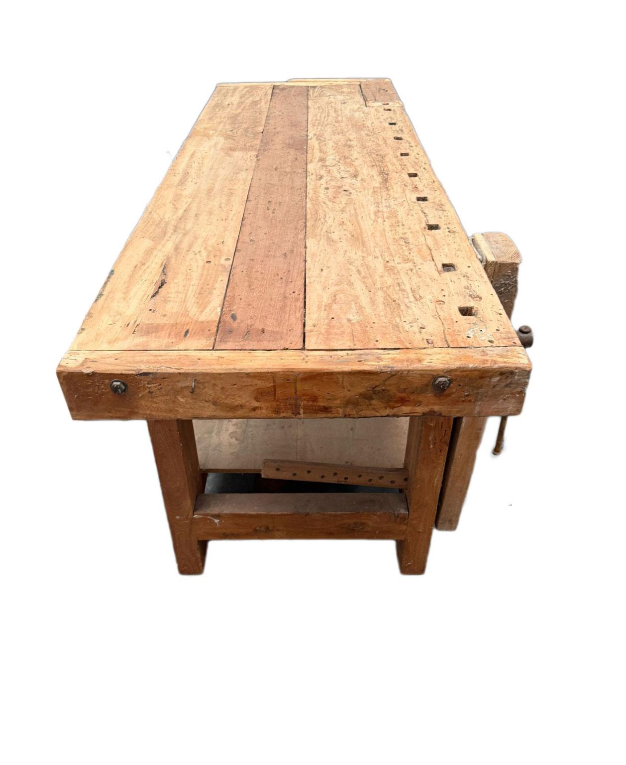 1980 Italy Solid Oak Carpenter Workbench in Rustic Style For Sale 3