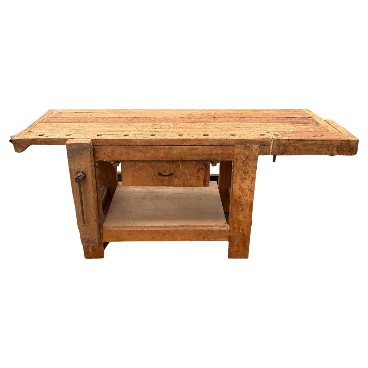 1980 Italy Solid Oak Carpenter Workbench in Rustic Style For Sale