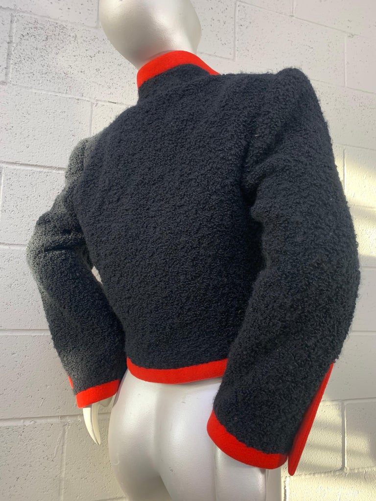1980 James Galanos Black Boucle Wool Jacket w/ Orange Knit Piping In Excellent Condition For Sale In San Francisco, CA