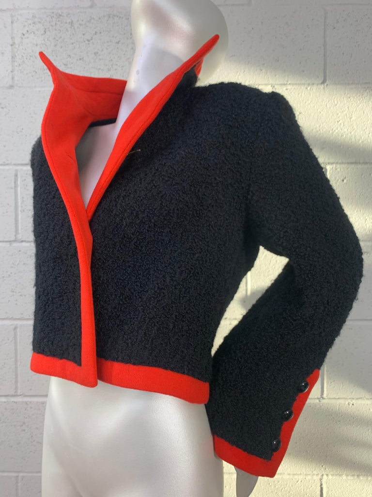1980 James Galanos Black Boucle Wool Jacket w/ Orange Knit Piping For Sale 2