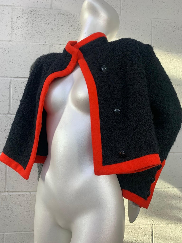 1980 James Galanos Black Boucle Wool Jacket w/ Orange Knit Piping For Sale 3