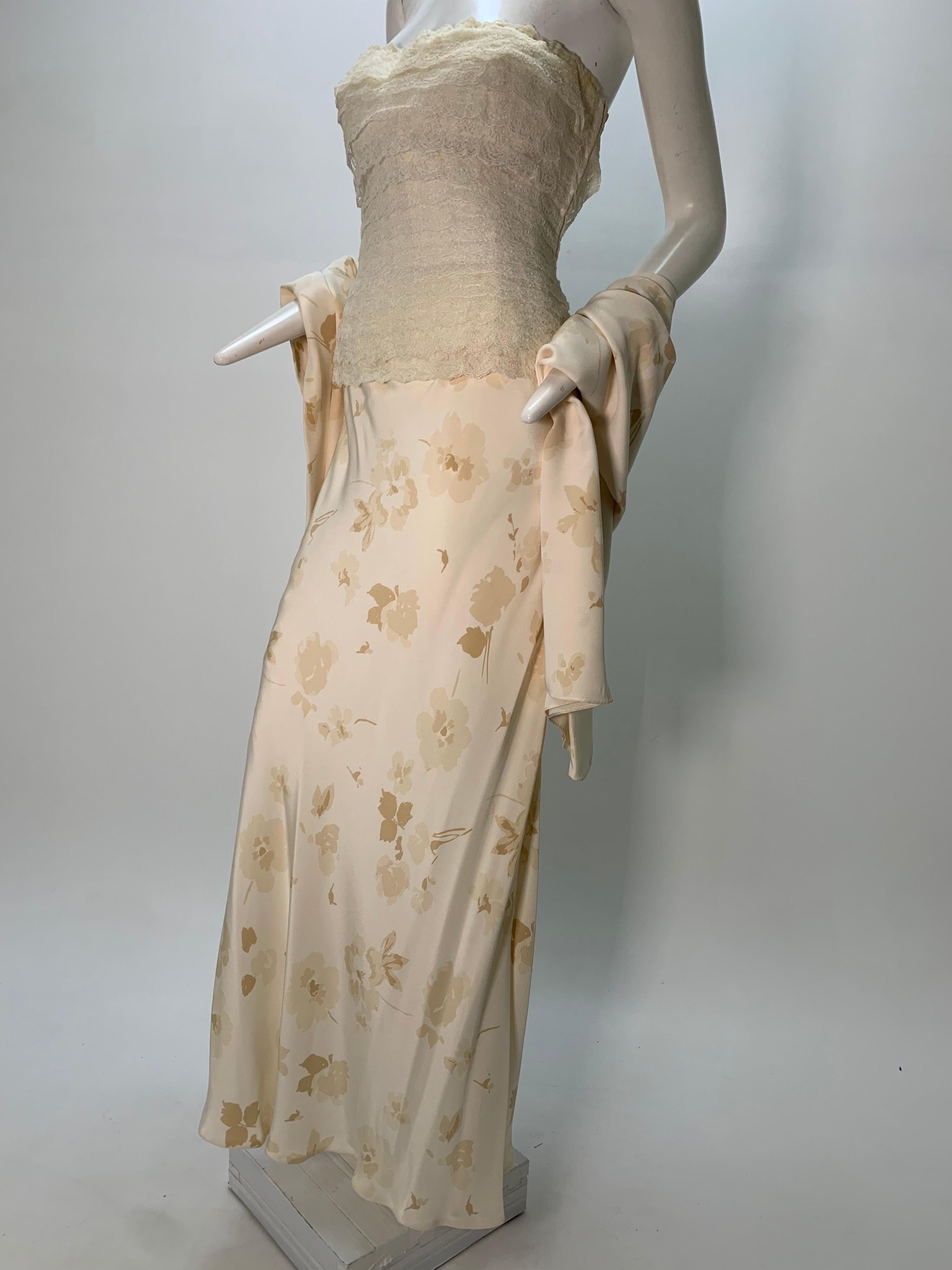 1980 James Galanos Cream Silk Floral Lace Tiered Corset Gown W/Wrap  For Sale 2