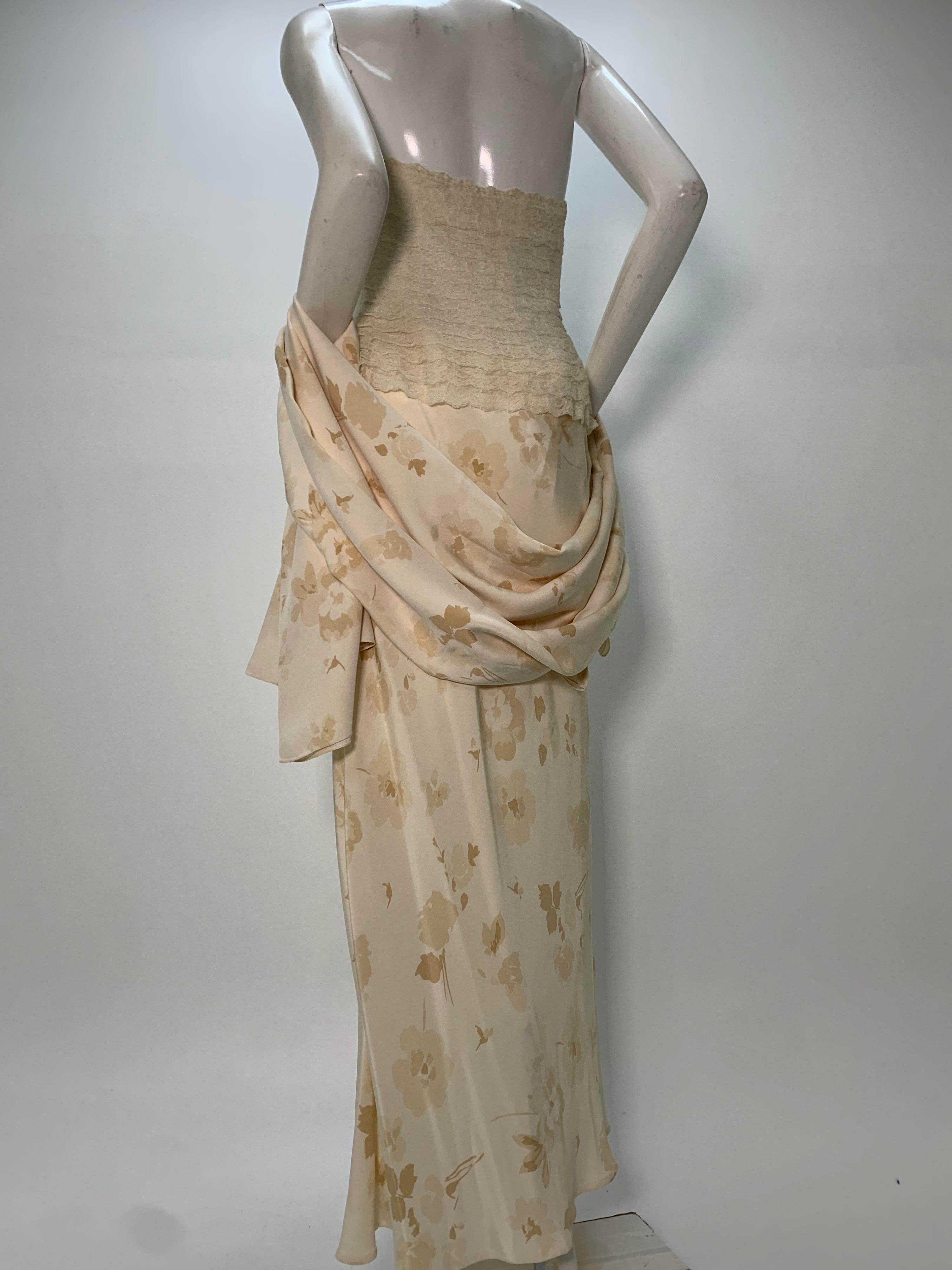 1980 James Galanos Cream Silk Floral Lace Tiered Corset Gown W/Wrap  For Sale 5
