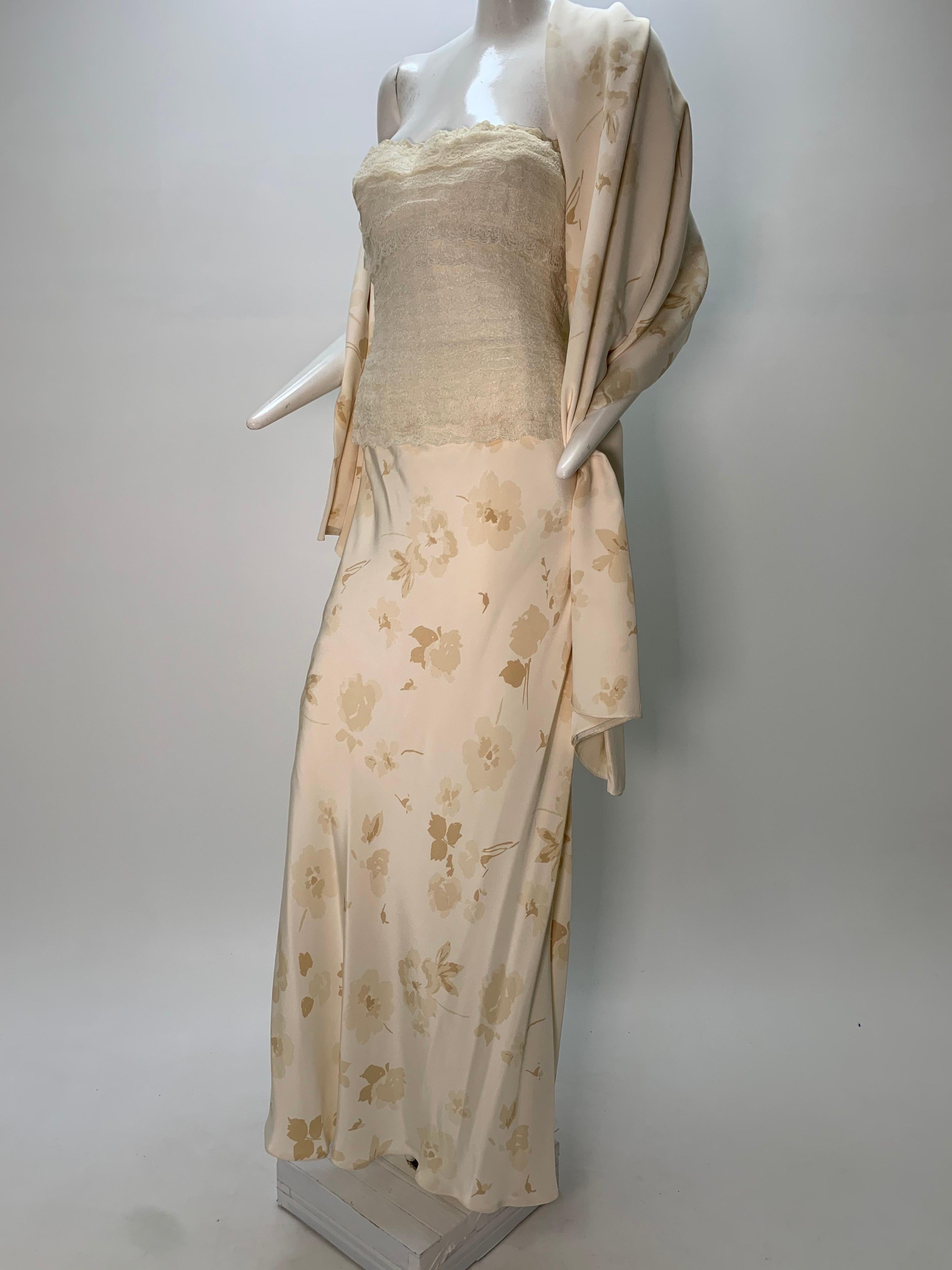 1980 James Galanos Cream Silk Floral Lace Tiered Corset Gown W/Wrap  For Sale 1