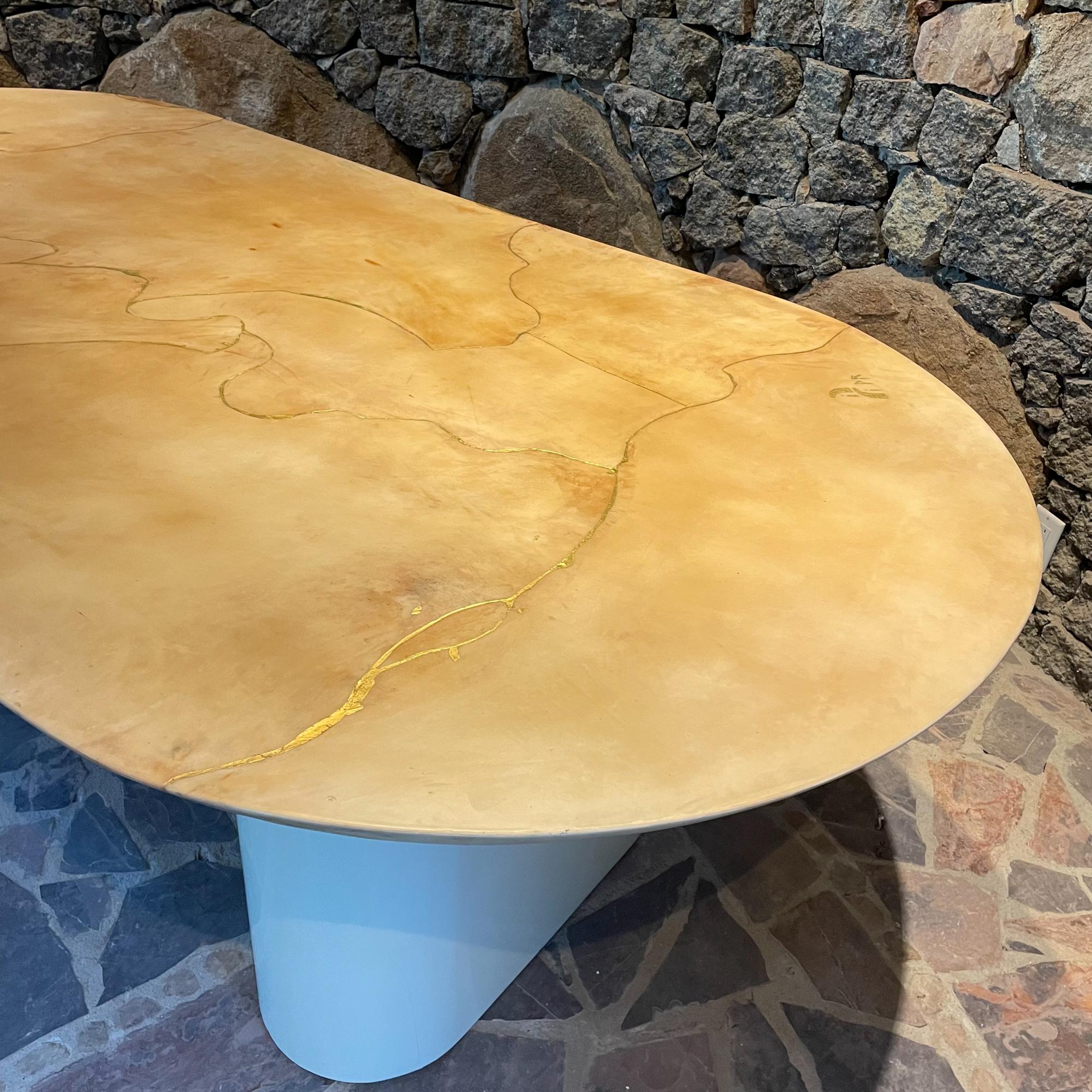 1980 Karl Springer Knife Edge Oval Dining Table Lacquered Cream Goatskin In Good Condition For Sale In Chula Vista, CA