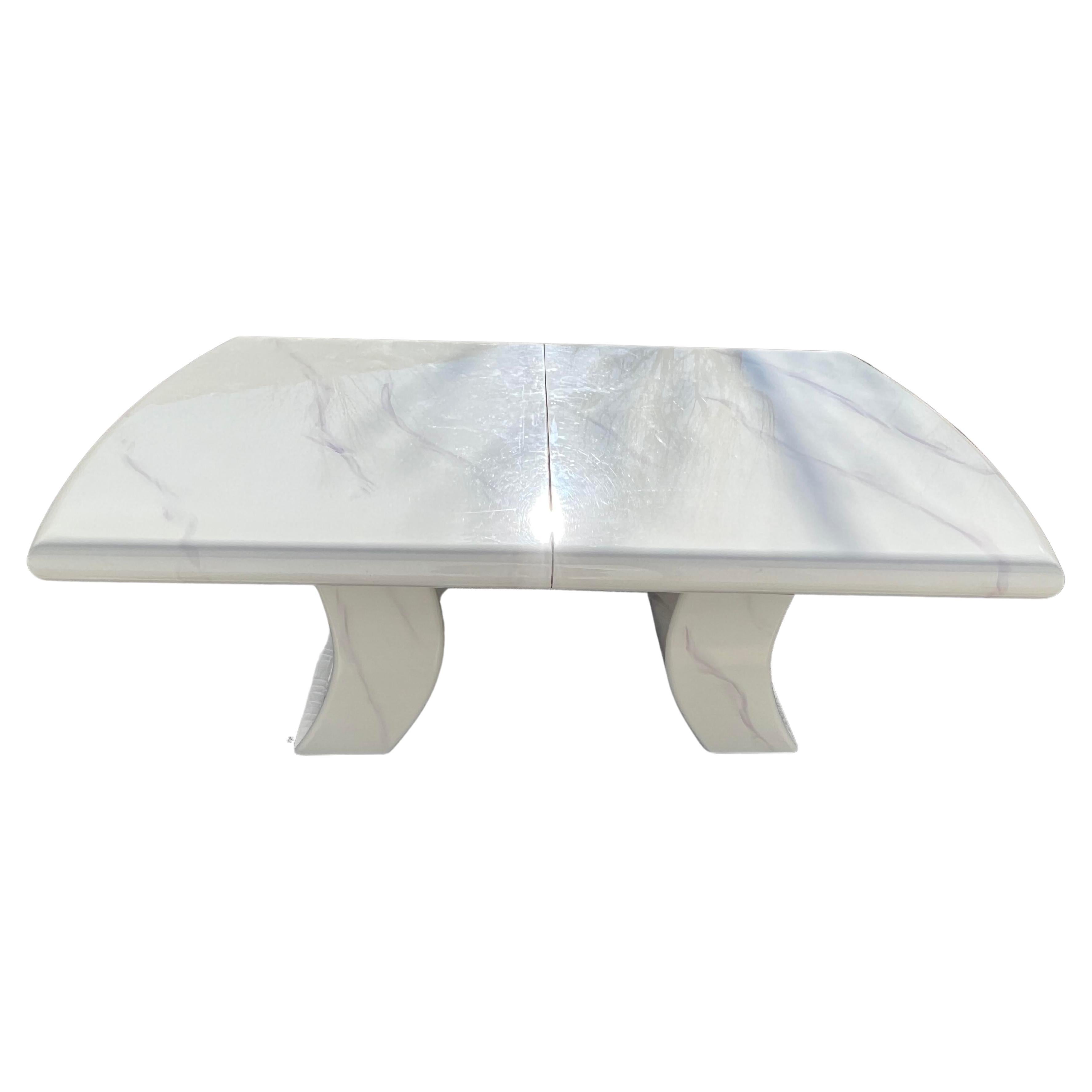 1980, Karl Springer Style White Faux Marble Lacquer Dining Table For Sale