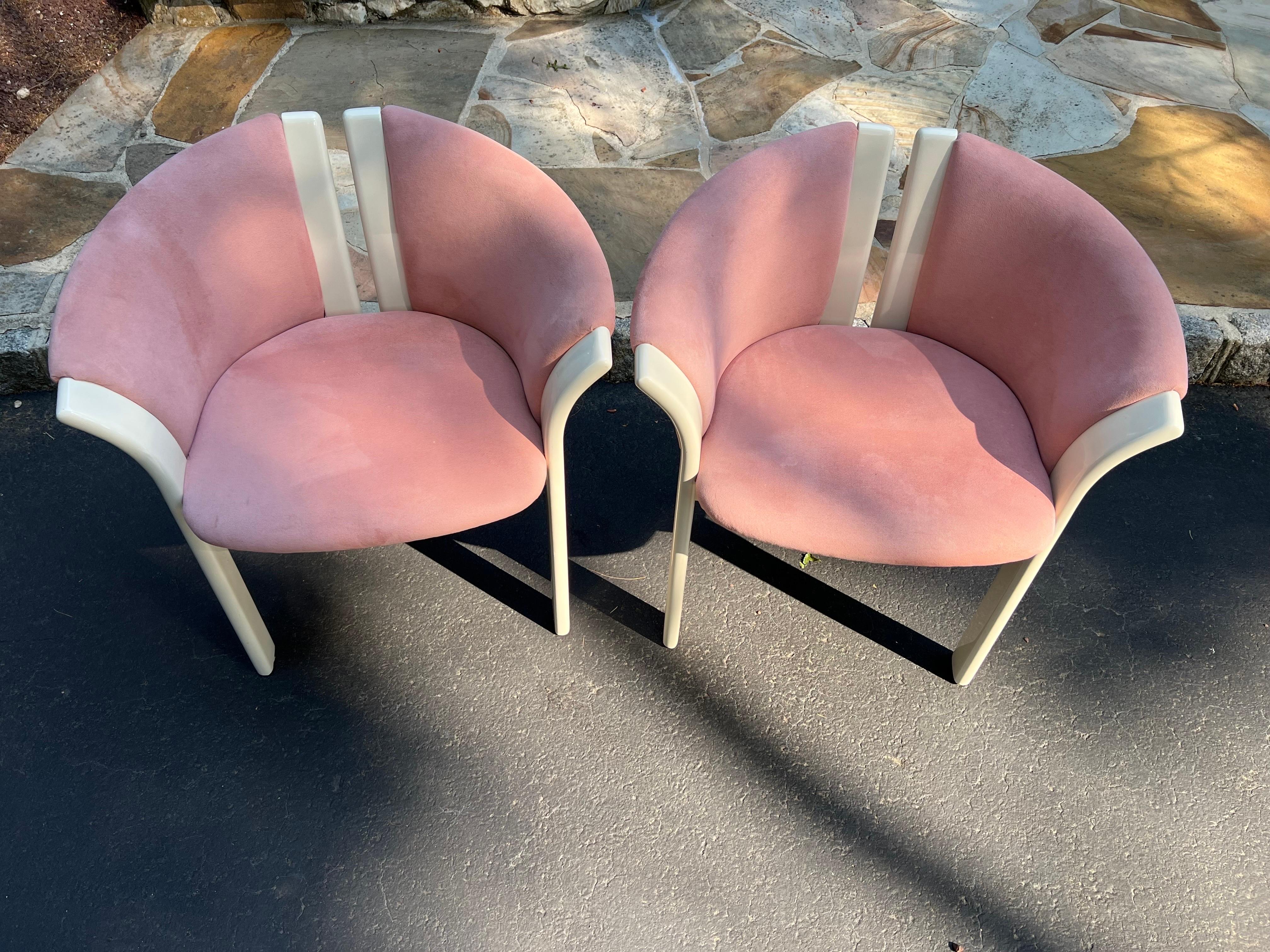 1980 Lacquer Pink Velvet Sculpture Chairs, in the style of Karl Springer For Sale 3