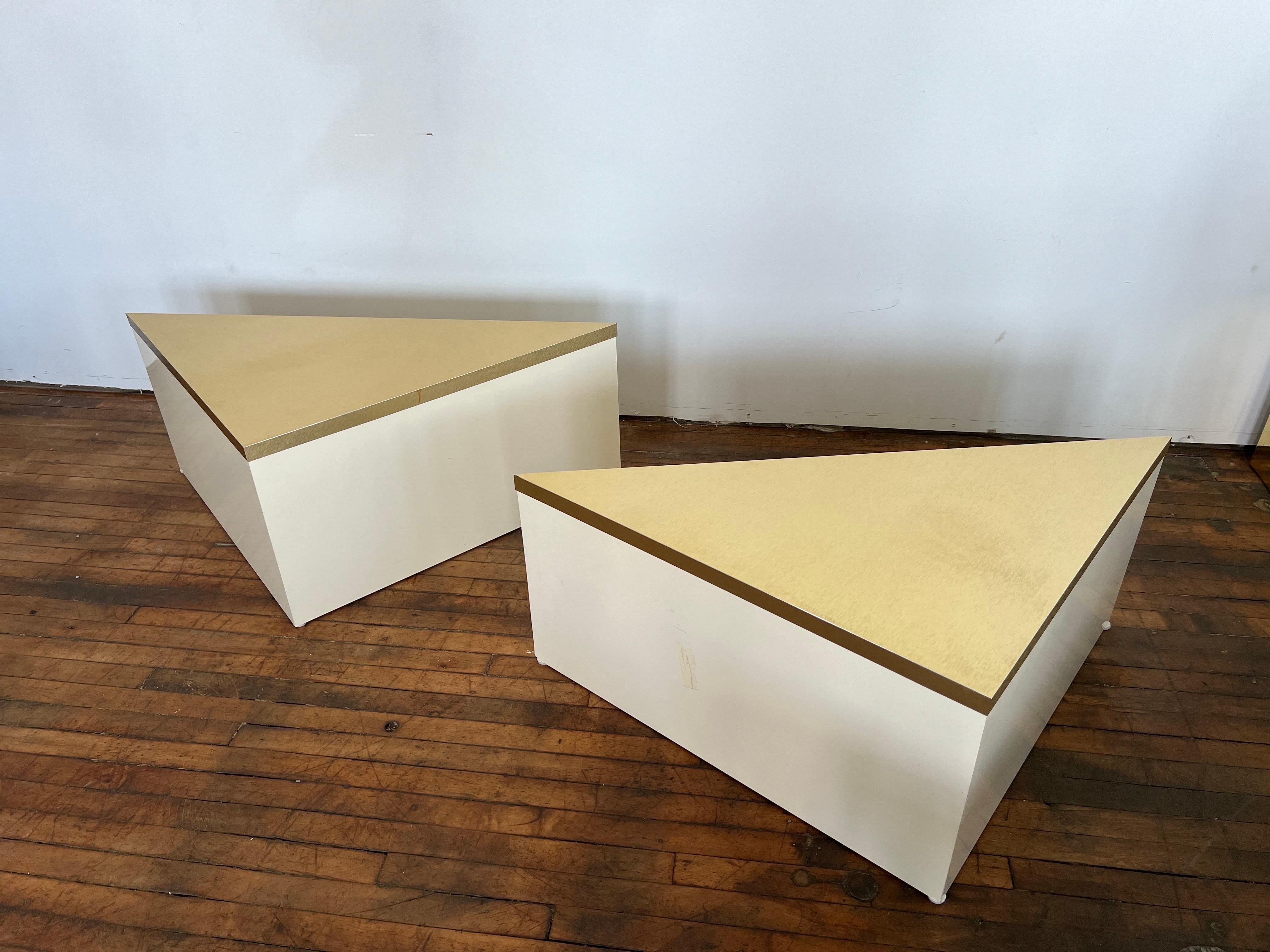 1980 Laminate Brass Triangle End Tables - a Pair

Perfect to put at the end of any sofa or sectional