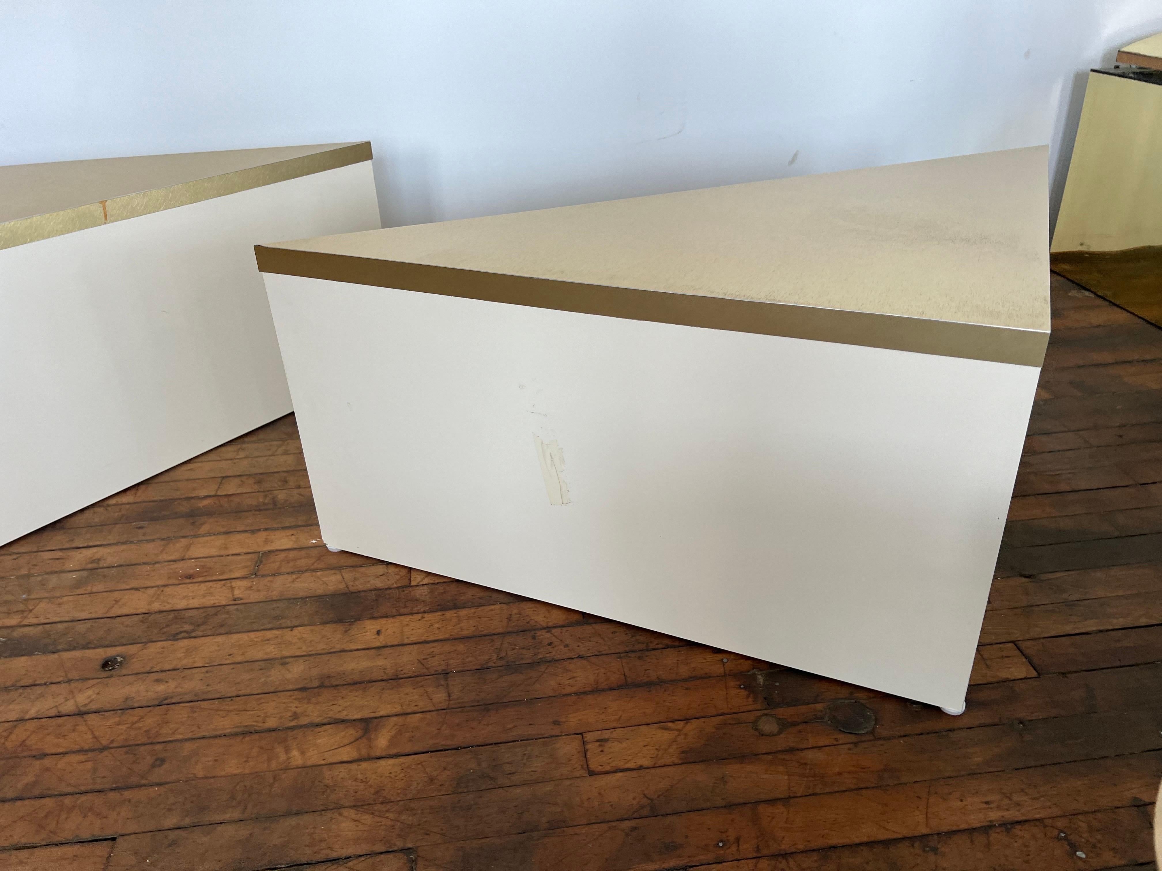 Post-Modern 1980 Laminate Brass Triangle End Tables - a Pair For Sale