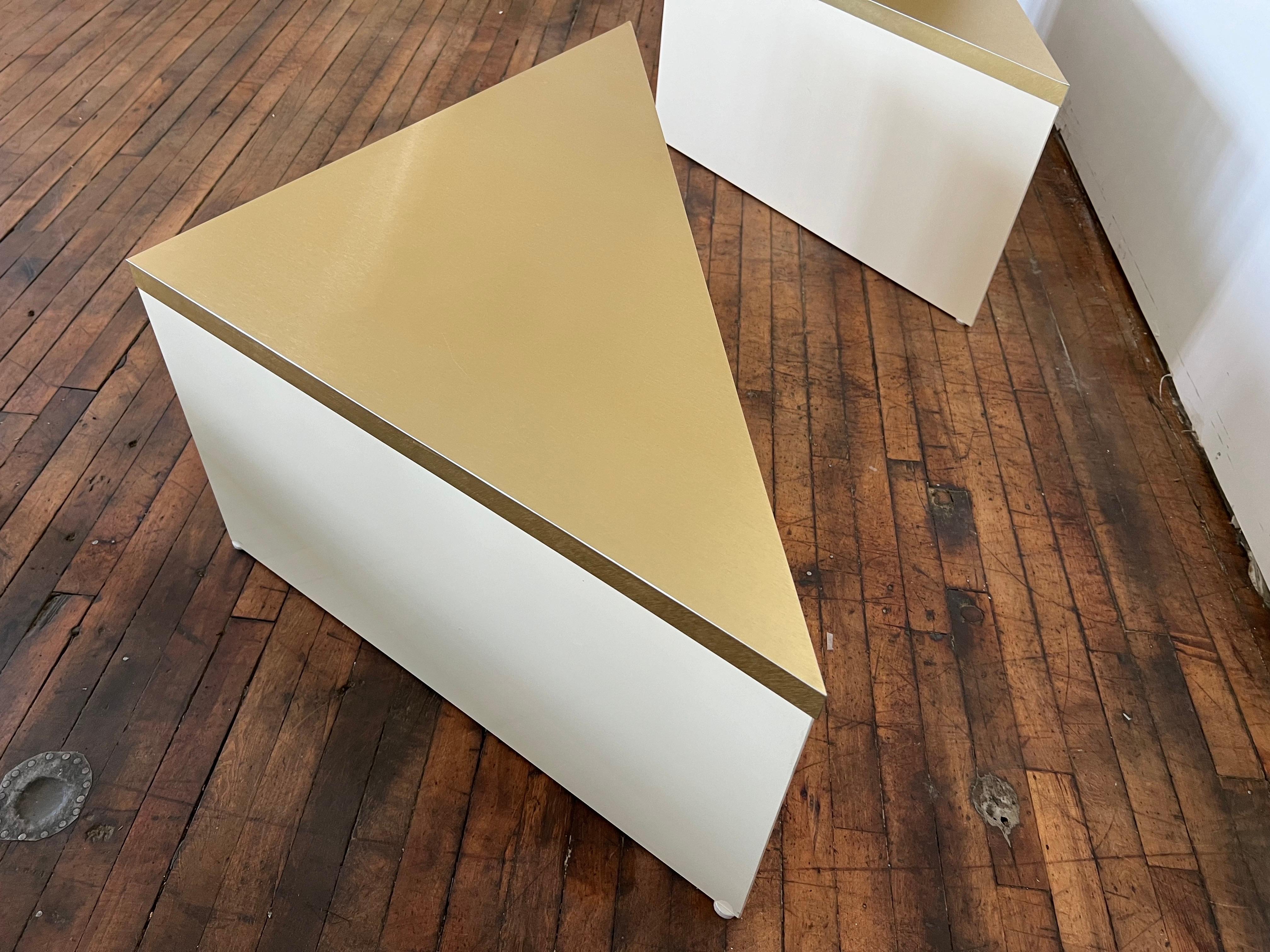 1980 Laminate Brass Triangle End Tables - a Pair In Good Condition For Sale In Staten Island, NY