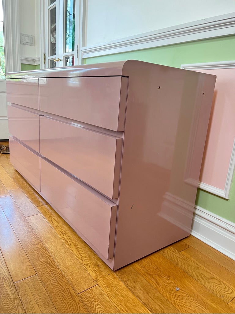 pink laminate dresser Pink!!!! Who doesn't like Pink! 1980s Postmodern Pink Lacquer Laminate  Waterfall Dresser is now available and there is even a super cute  nightstand to match, Available in store & online $895 dresser