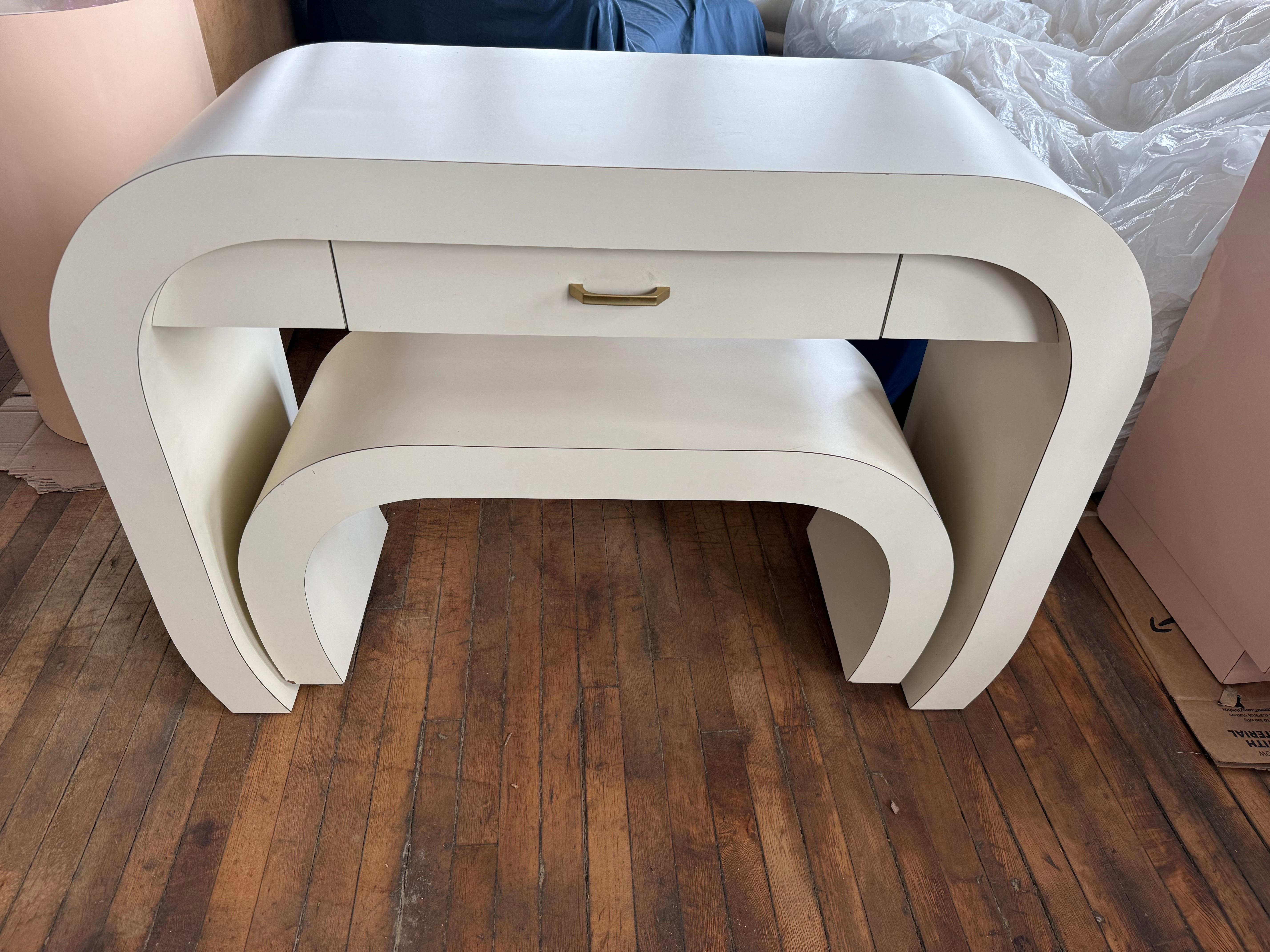 1980 Laminate Waterfall Vanity Set, custom ordered by the original owner.

Dimensions of the stool
37.5 wide
18.75 tall
13.5 deep