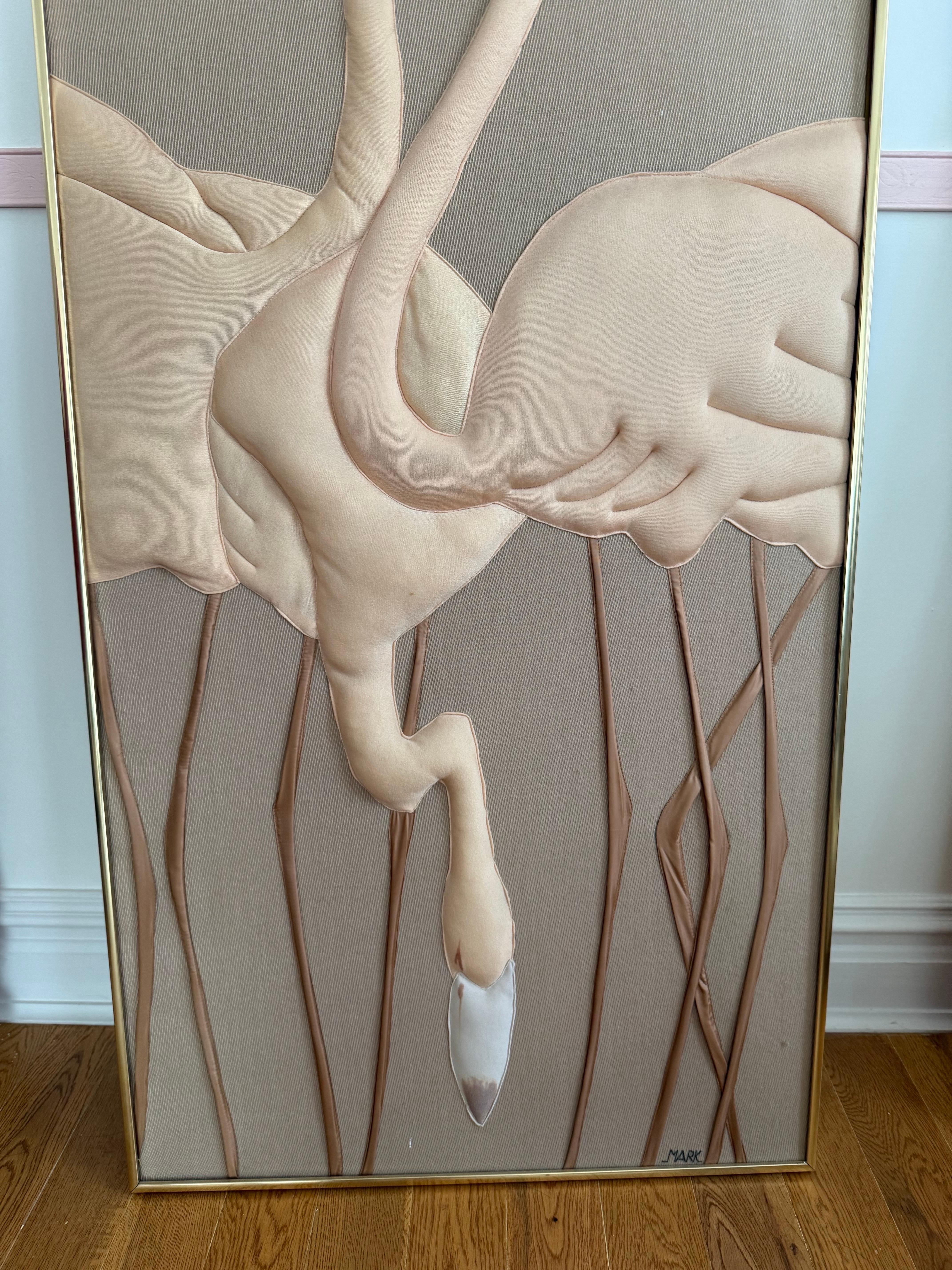 American 1980 Large Three Flamingos Fabric Wall Art For Sale