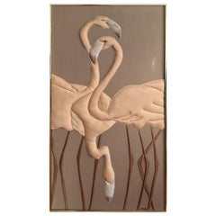 Vintage 1980 Large Three Flamingos Fabric Wall Art