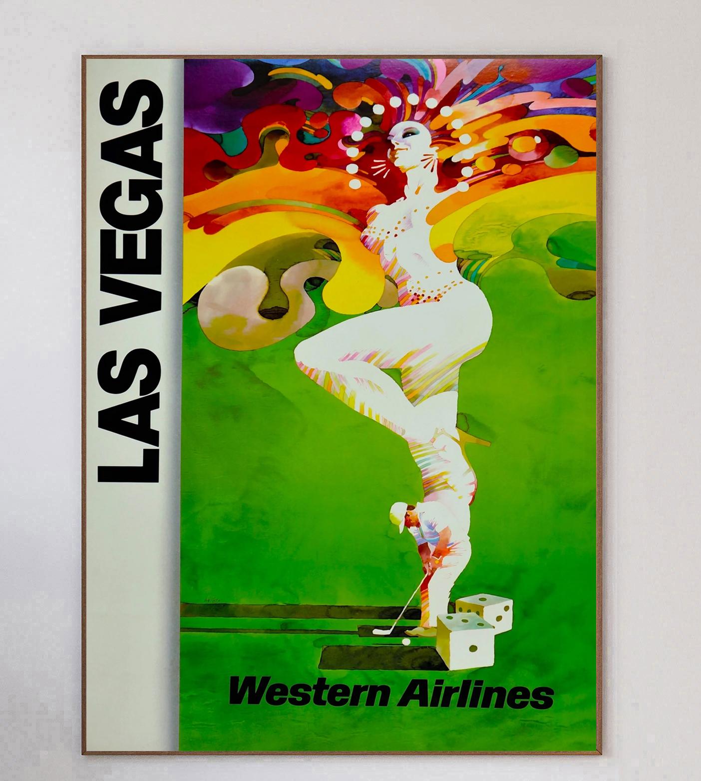 This beautiful and vibrant piece was created in 1980 to advertise Western Airlines routes to Las Vegas. Featuring wonderful artwork depicting the contrasts of Vegas, from amazing shows, to the casino, to golf. 

Western Airlines was a major U.S