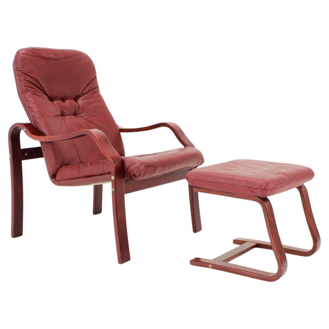 1980 Leather Armchair With Footrest, Ton Czechoslovakia For Sale