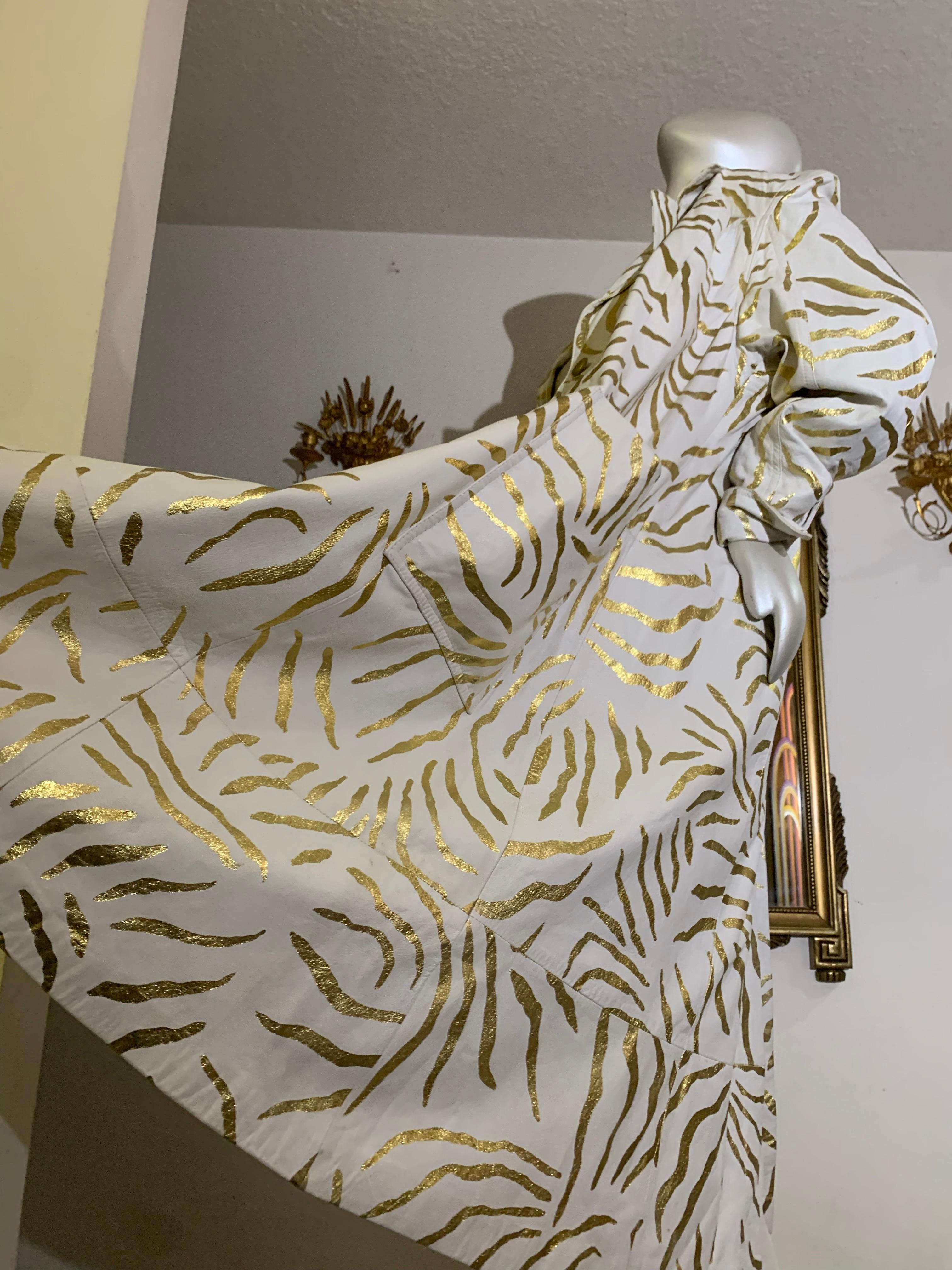 1980 Lillie Rubin White Leather Trench Coat w Gold Metallic Zebra Stripe Stencil For Sale 9