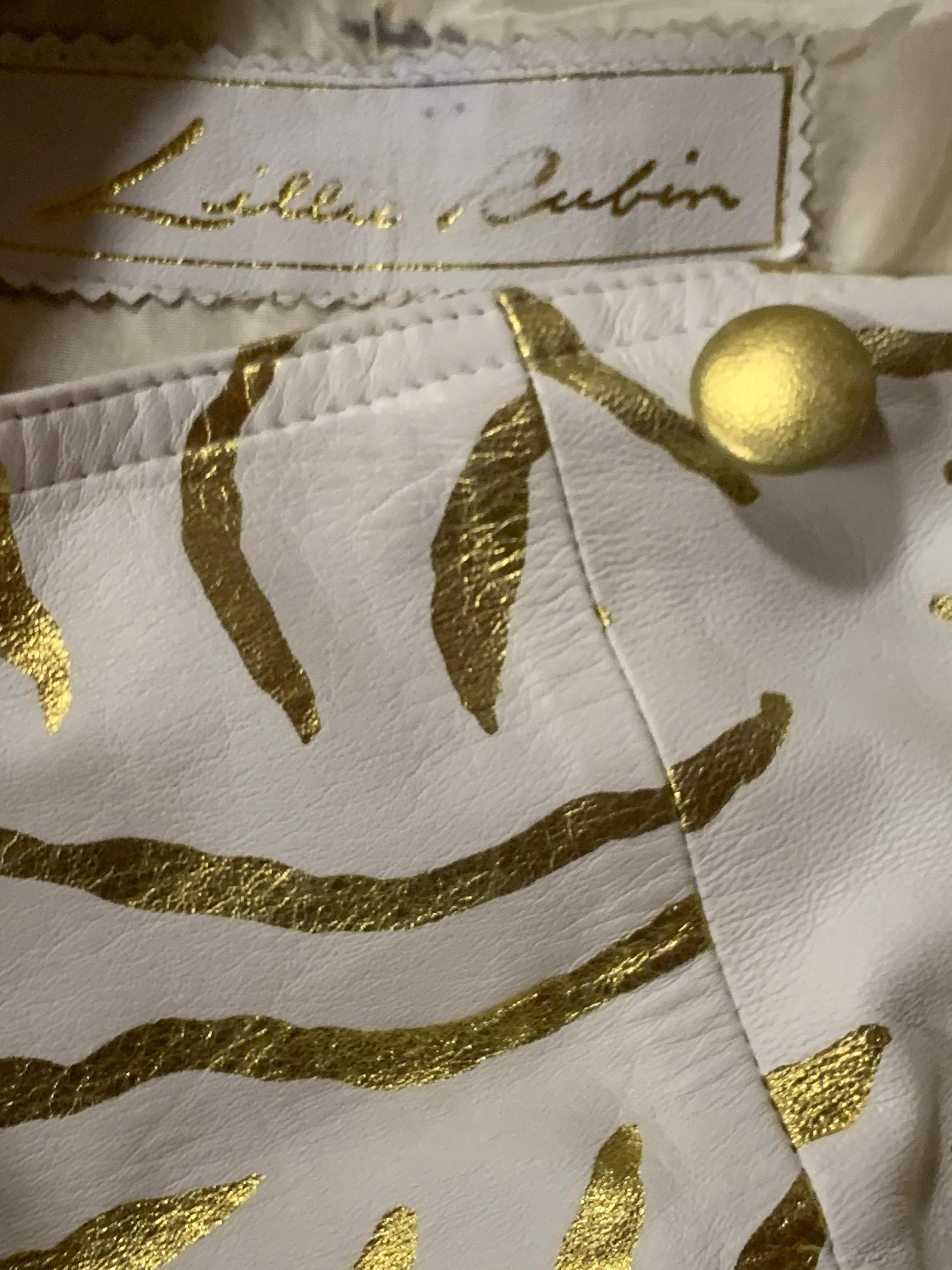 1980 Lillie Rubin White Leather Trench Coat w Gold Metallic Zebra Stripe Stencil For Sale 10