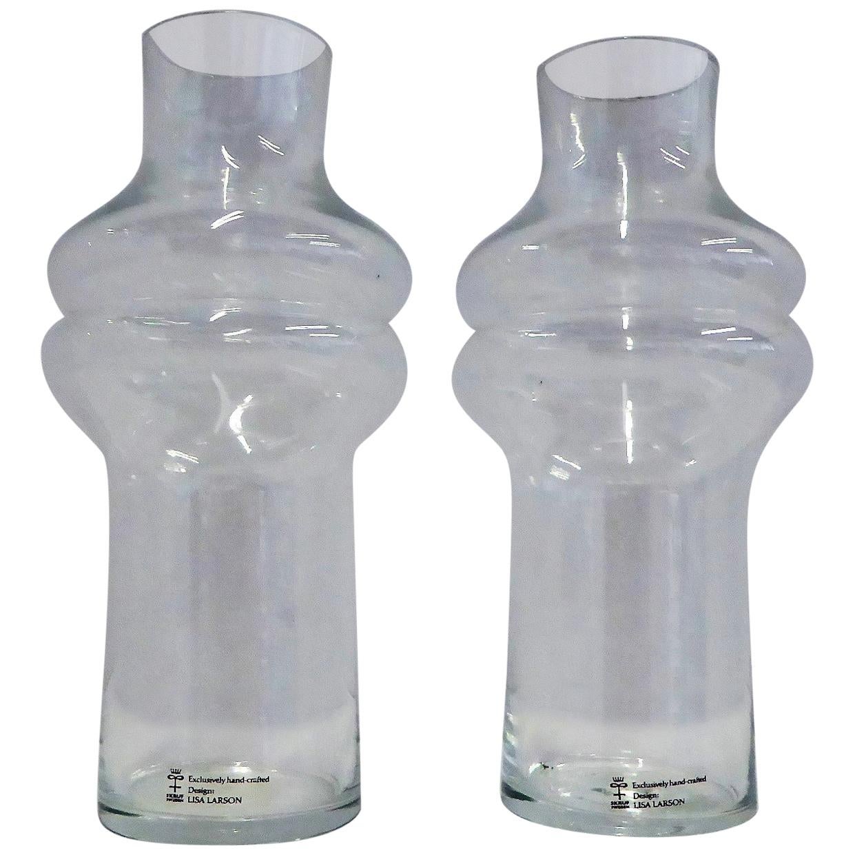 1980 Lisa Larson Skruf Swedish Modern Pair of Shouldered Glass Vases For Sale