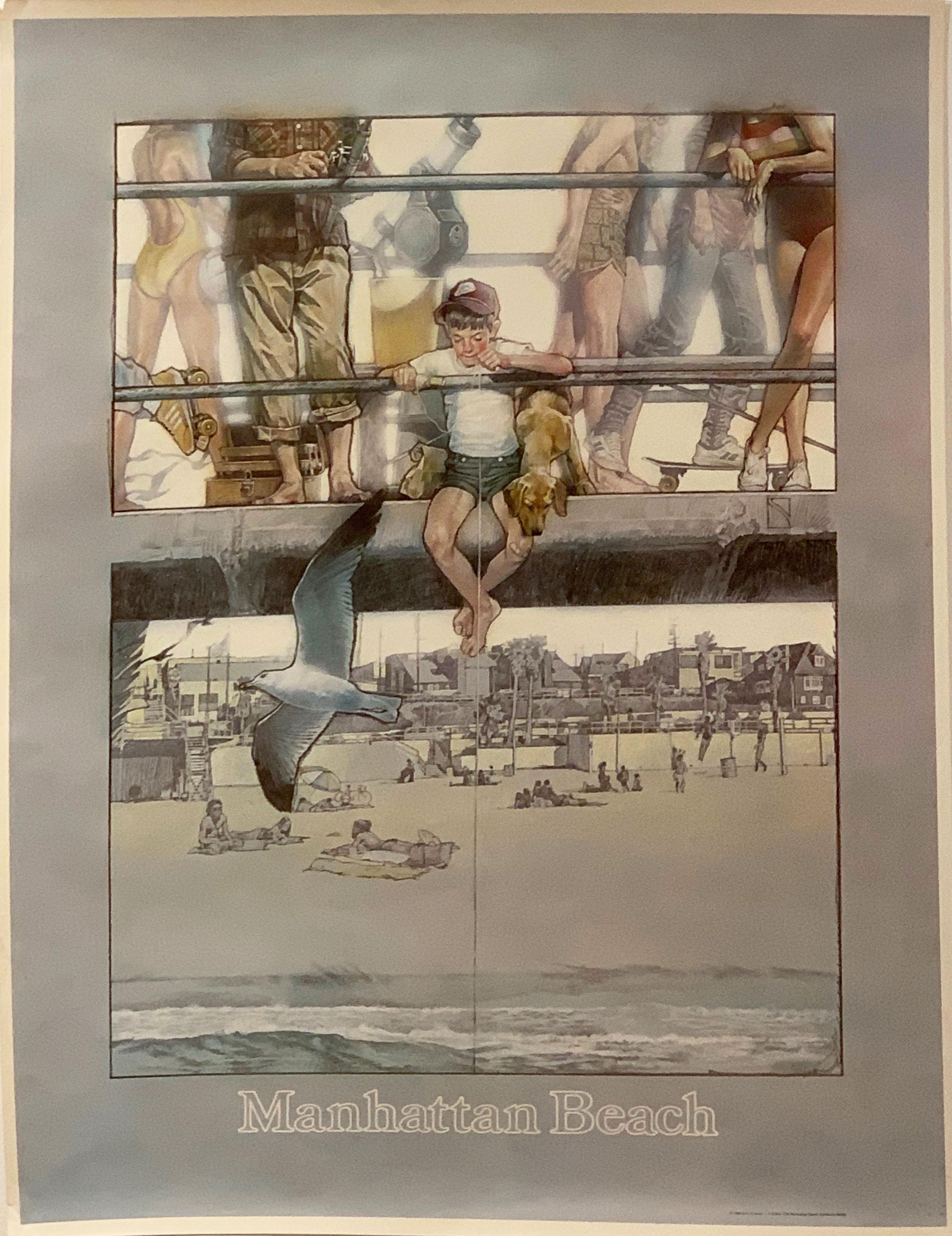 California living is beautifully captured in this Manhattan Beach poster by John Fransen. Colors are soft and muted. The boy is mesmerized by the waves below, as beach goers crowd the pier. Poster has slight wrinkling, which is most visible at