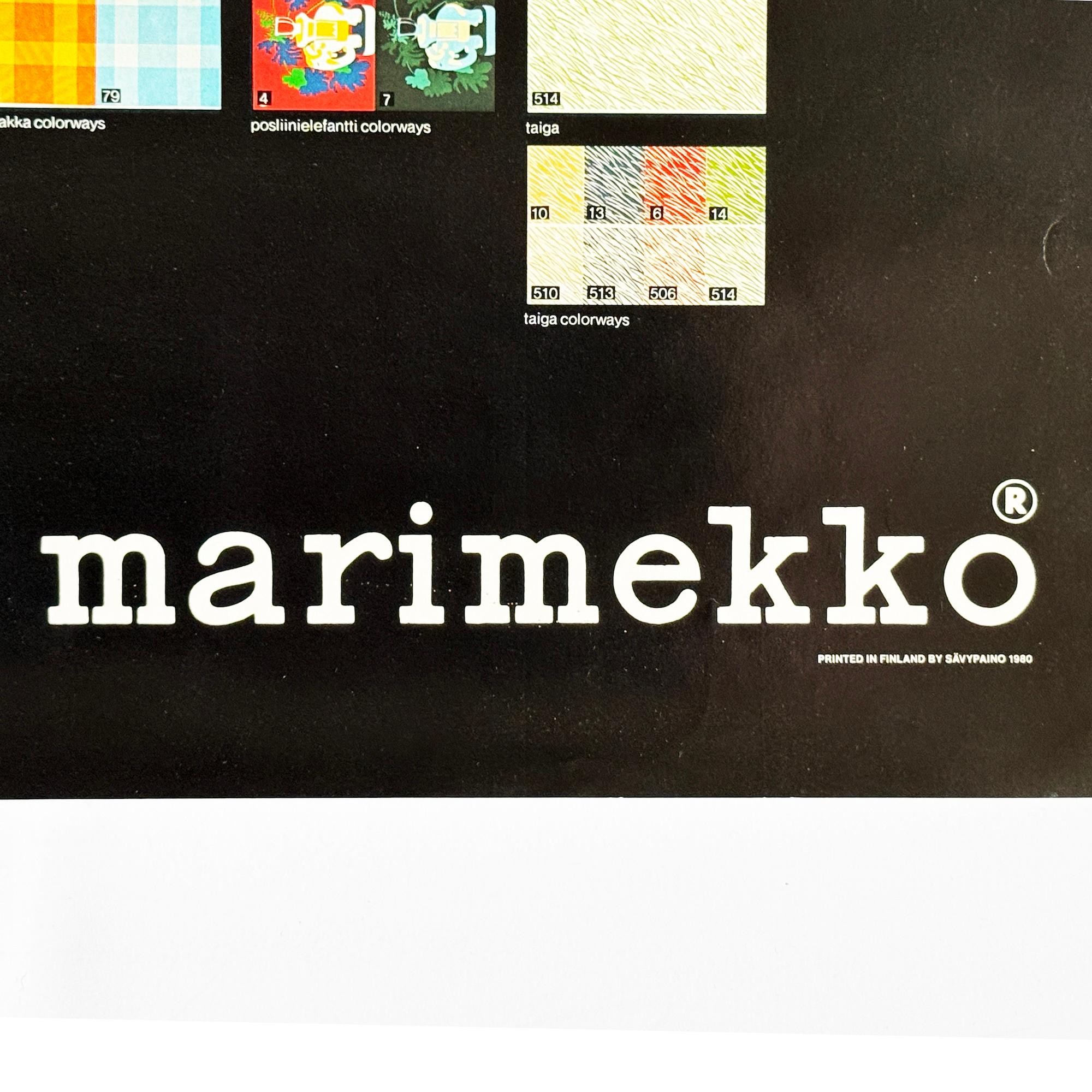 Dans le cadre des efforts continus de Marimekko pour promouvoir la marque dans le monde entier, cette pièce fait partie d'une série d'affiches envoyées aux distributeurs, à la presse et aux agents, axées sur les designs de l'entreprise.  Comme ils
