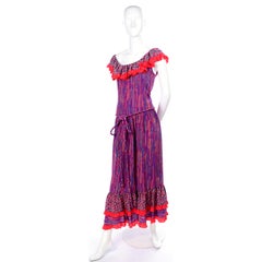 1980 Mary McFadden Off Shoulder Purple & Red Abstract Silk Maxi Dress w/ Ruffle