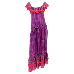 Retro 1980 Mary McFadden Off Shoulder Purple & Red Abstract Silk Maxi Dress w/ Ruffle