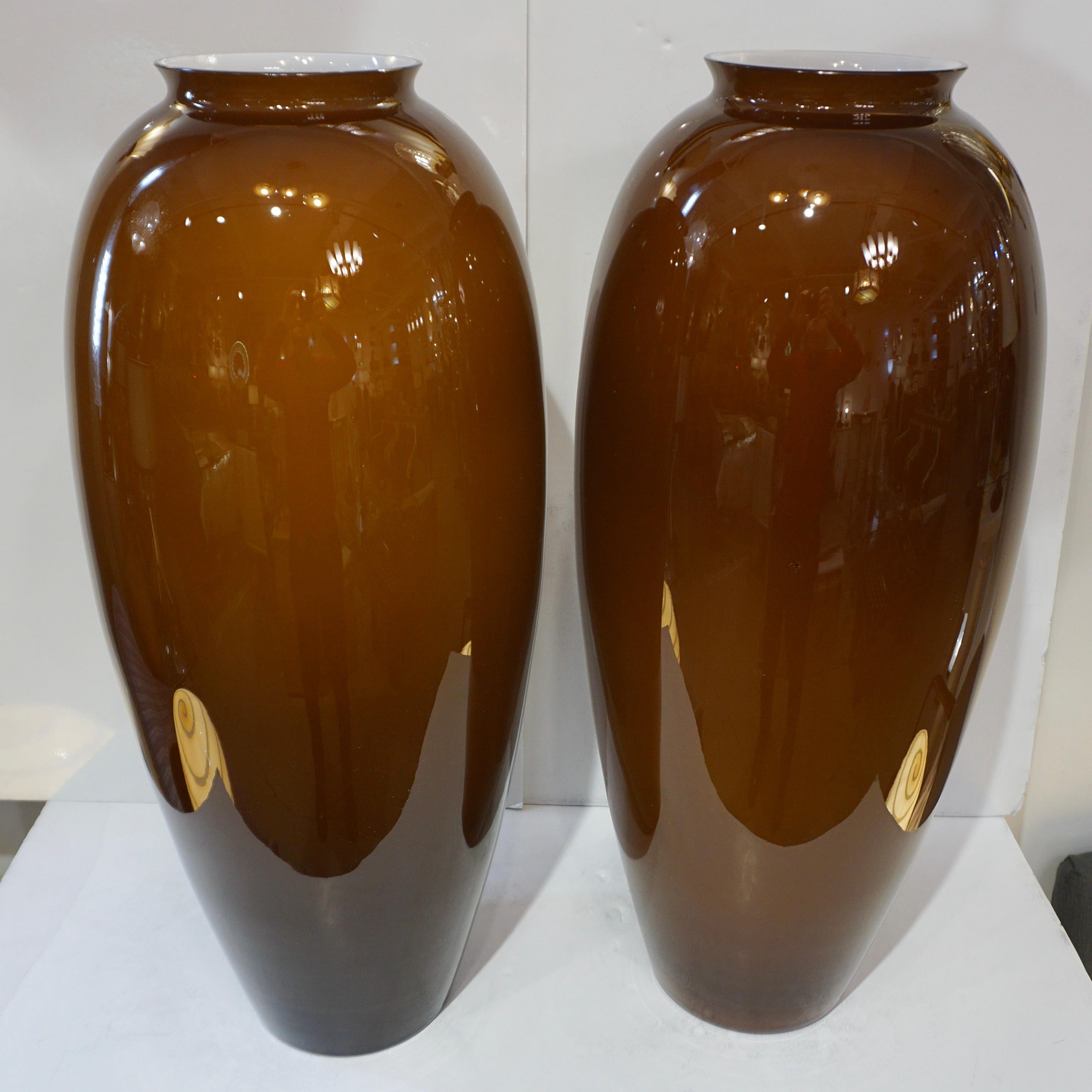1980 Italian Vintage Pair of Golden Polished Brown Murano Glass Tall Vases 2