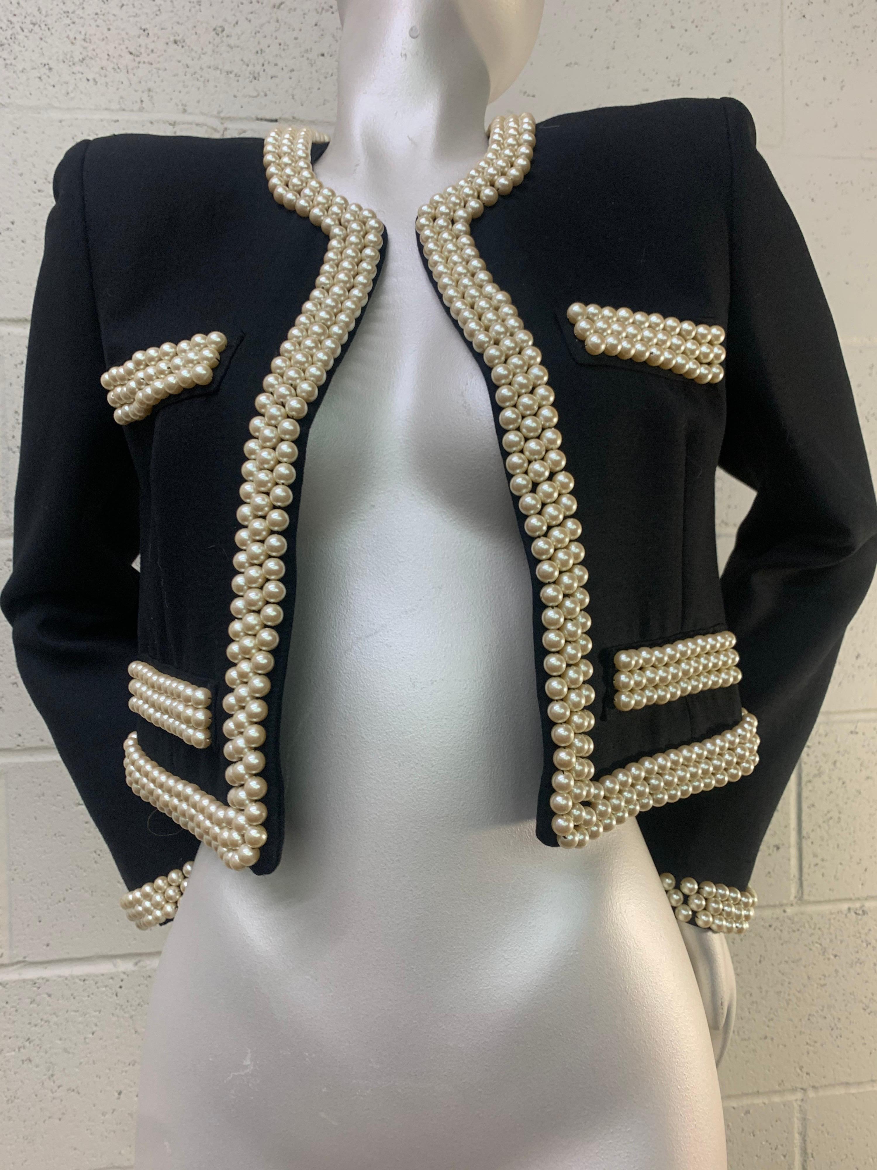 1980 Moschino Couture Black Cropped Chanel-Styled Jacket w/ Three Rows of Pearl Studded Trim: Fully lined. No closures. Size 6