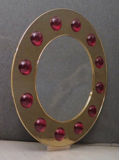 Murano Brass and Red Art Glass Midcentury Wall Mirror, 1980