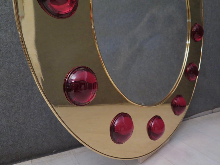 Murano Brass and Red Art Glass Midcentury Wall Mirror, 1980 For Sale 1