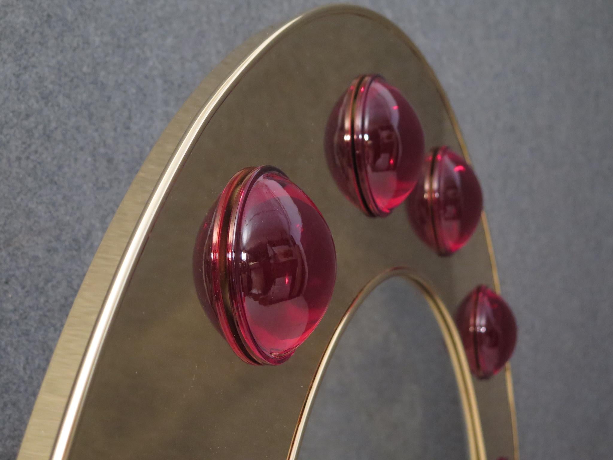 Murano Brass and Red Art Glass Midcentury Wall Mirror, 1980 2