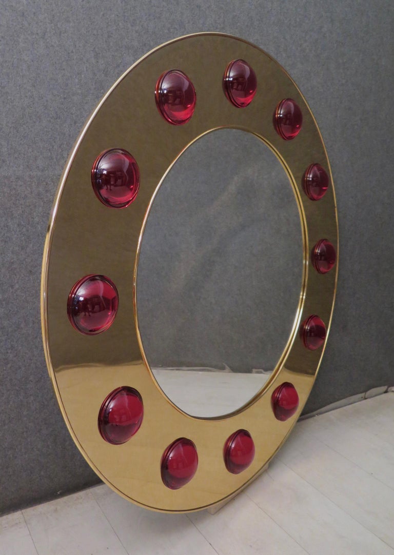 Murano Brass and Red Art Glass Midcentury Wall Mirror, 1980 For Sale 3