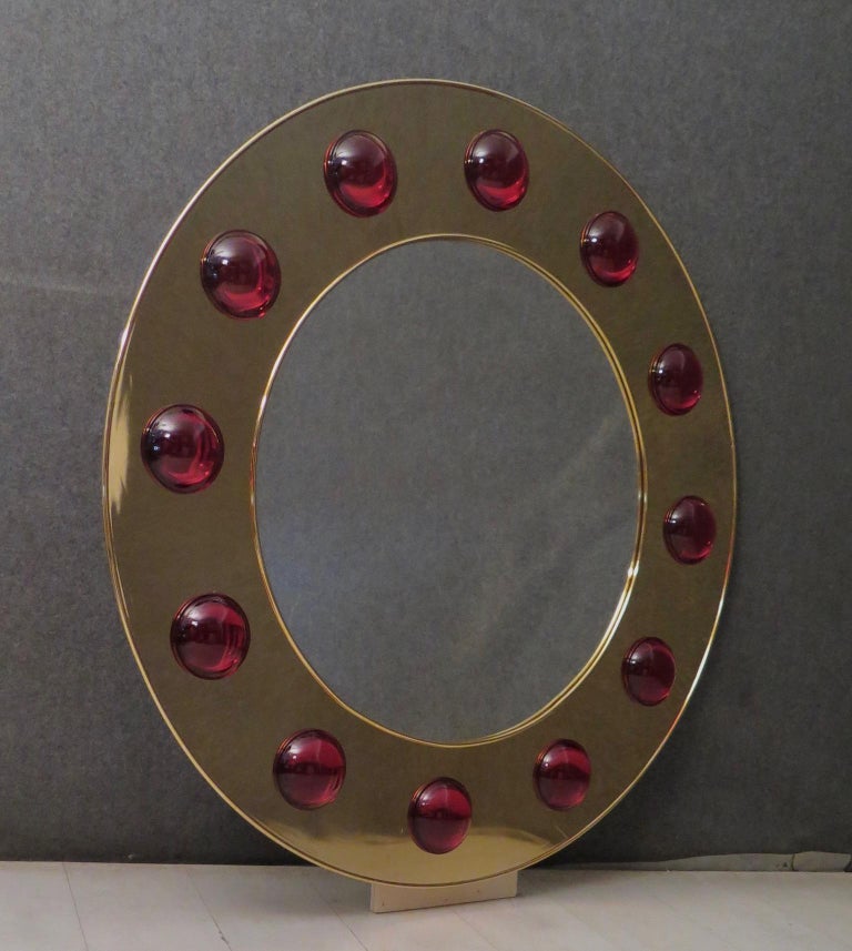 Murano Brass and Red Art Glass Midcentury Wall Mirror, 1980 For Sale 5