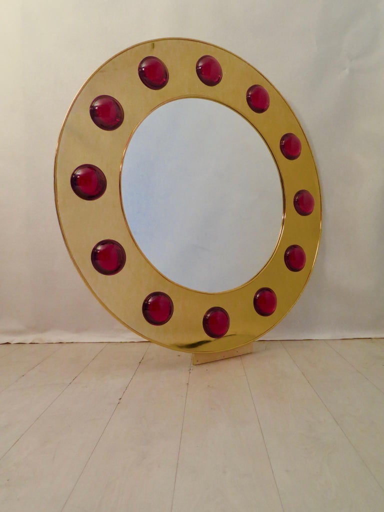 Murano Brass and Red Art Glass Midcentury Wall Mirror, 1980 For Sale at