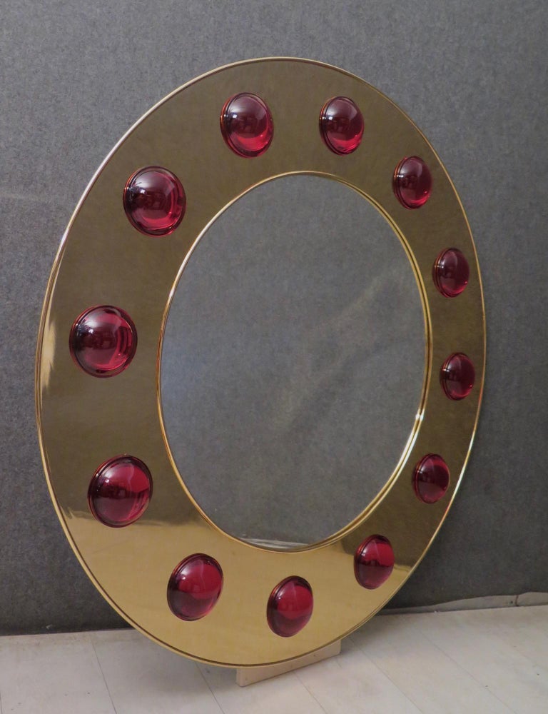 Italian Murano Brass and Red Art Glass Midcentury Wall Mirror, 1980 For Sale